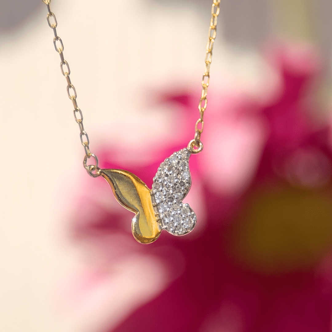 Half Gold Half Diamond Pavé Butterfly Pendant Necklace in Solid 10k Yellow Gold