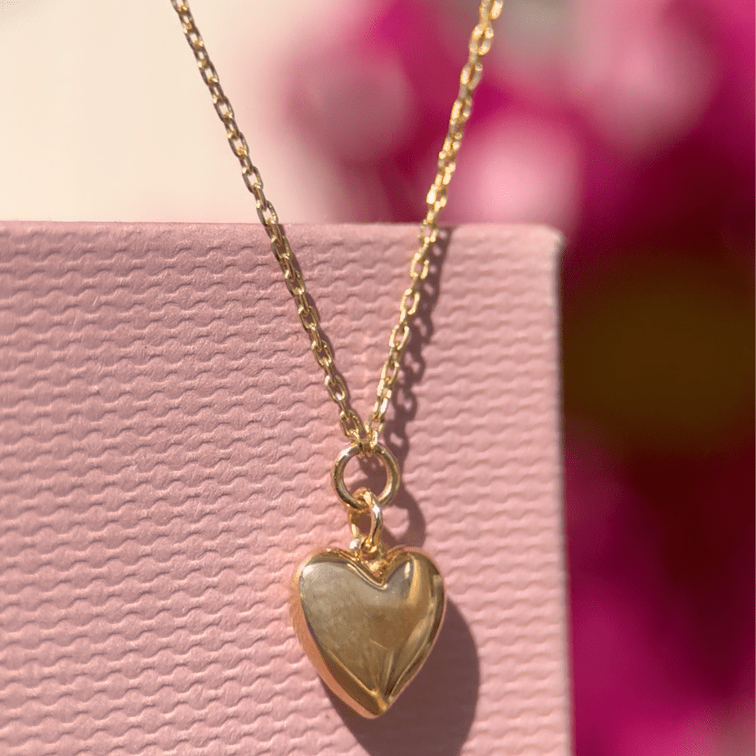 Bubble Heart and Diamond Station Necklace in Solid 14k Yellow Gold