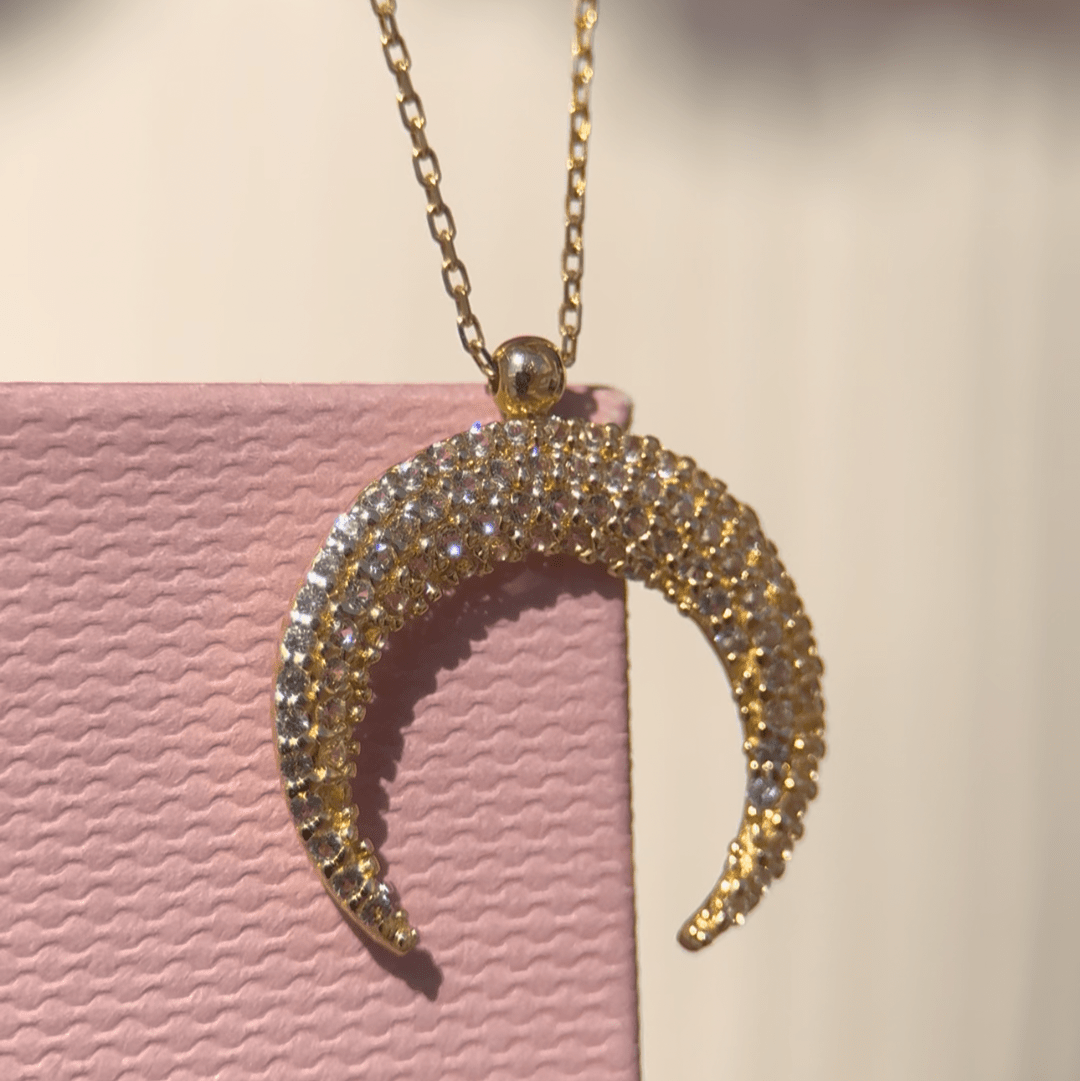 Sapphire Pavé Crescent Moon Necklace in Solid 14k Yellow Gold