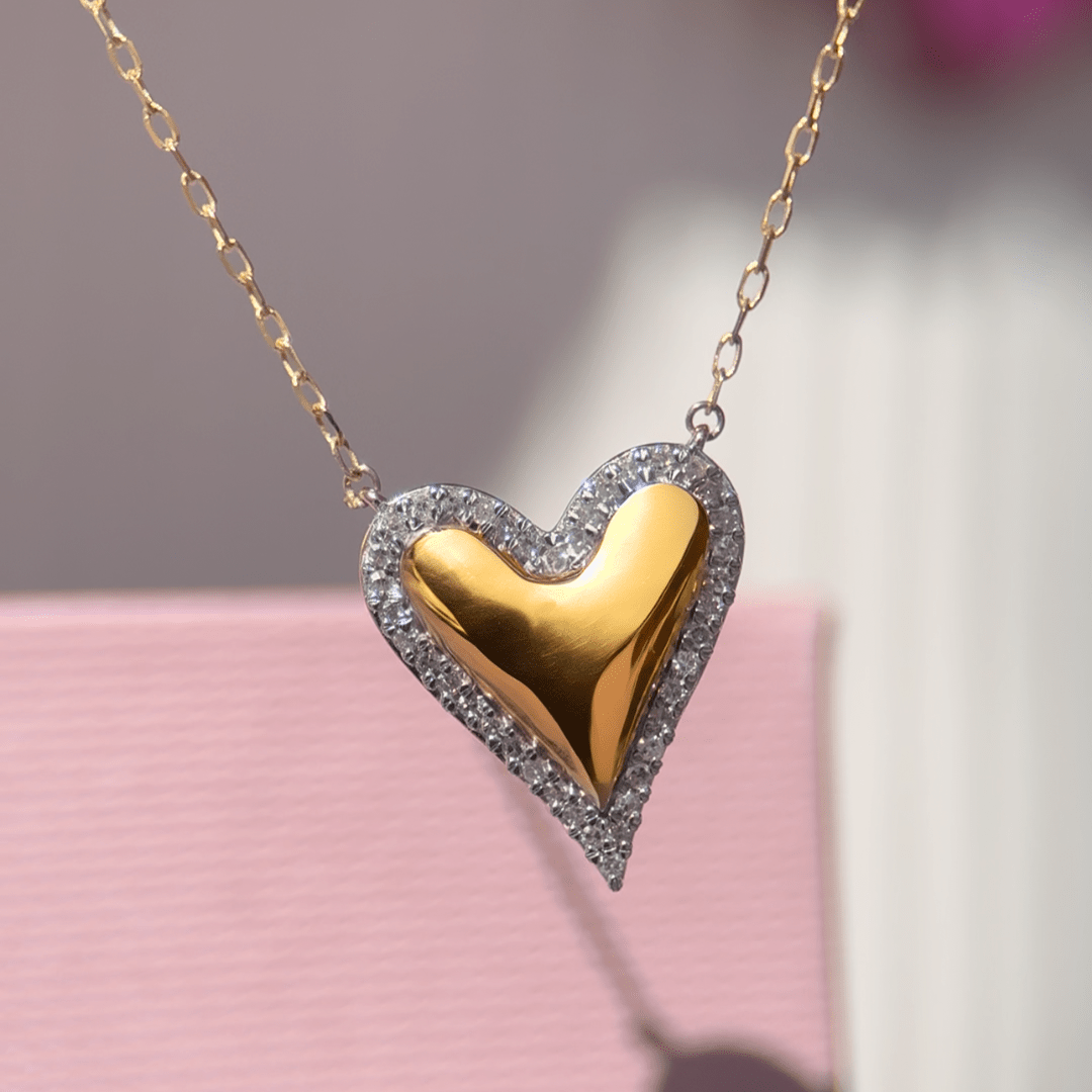 Heart with Diamond Halo Necklace in Solid 10k Yellow Gold