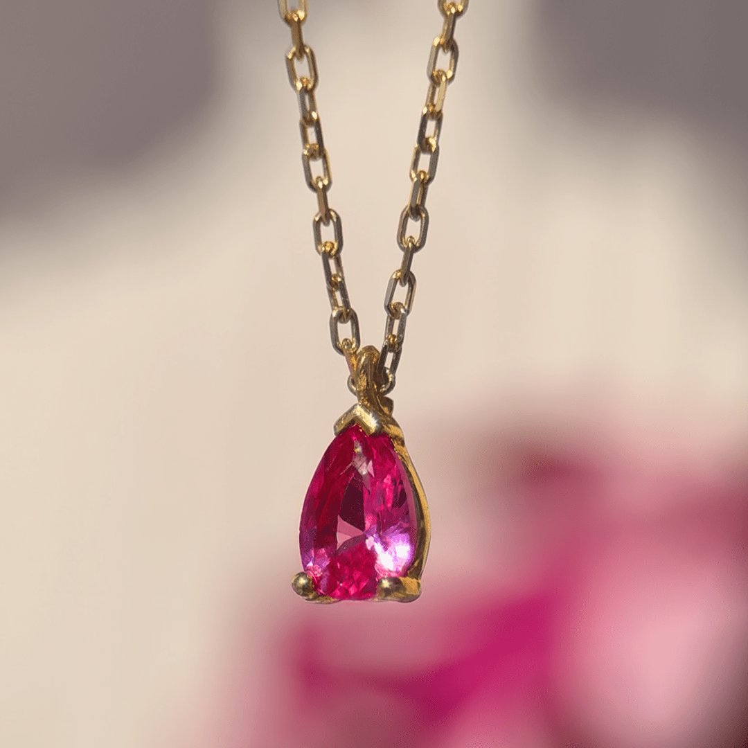 Pear Pink Topaz Gemstone Pendant Necklace in Solid 14k Yellow Gold