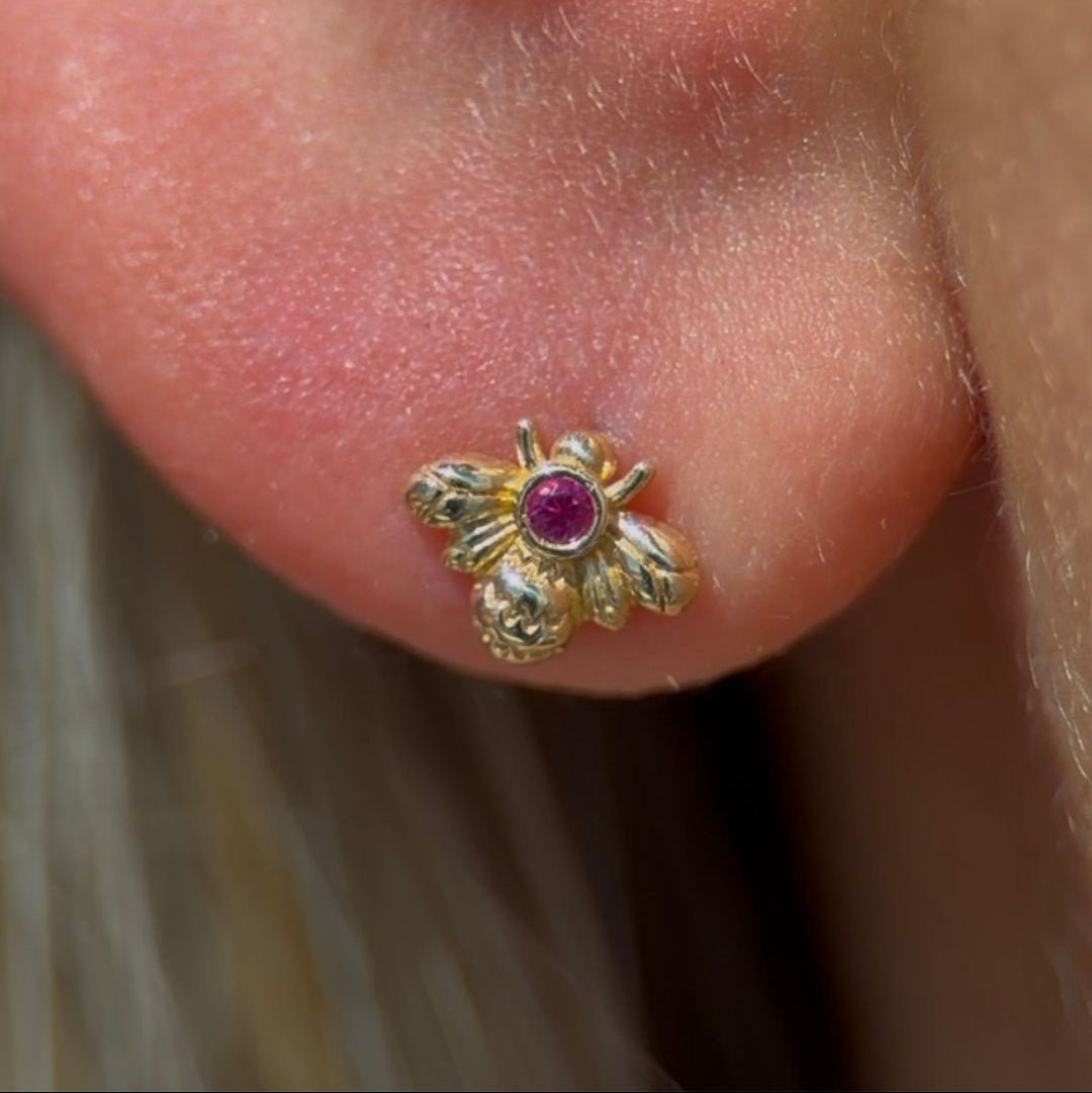 Pink Ruby Bee Flat Back Stud in Solid 14k Yellow Gold
