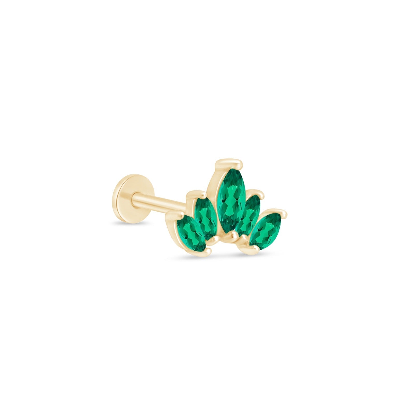 Marquise Cut Five Petal Emerald Lotus Flat Back Stud in Solid 14k Yellow Gold