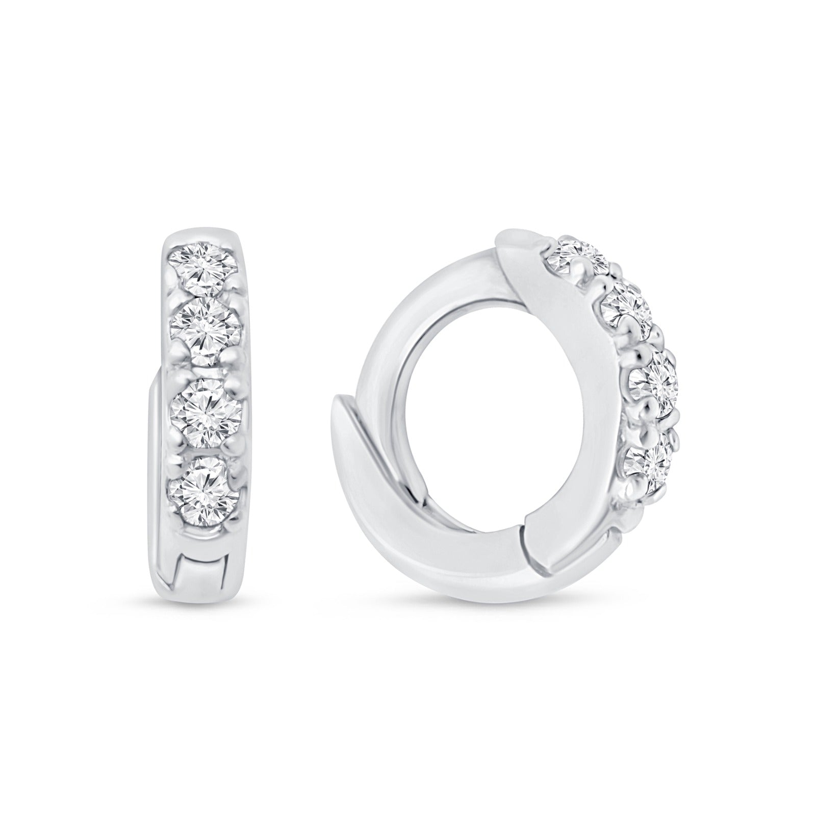 Cubic Zirconia Studded Huggie Hoop in Solid 14k White Gold