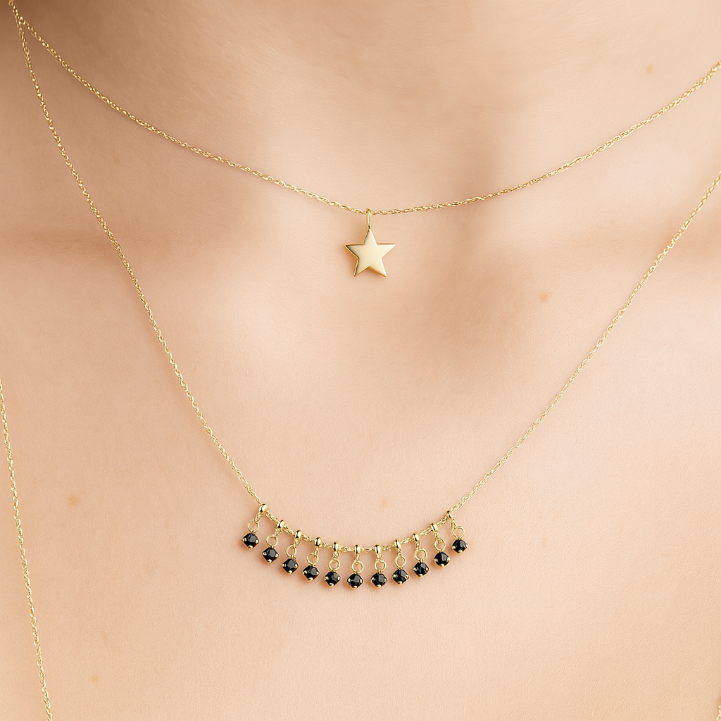 Black Onyx Fringe Necklace in Solid 14k Yellow Gold