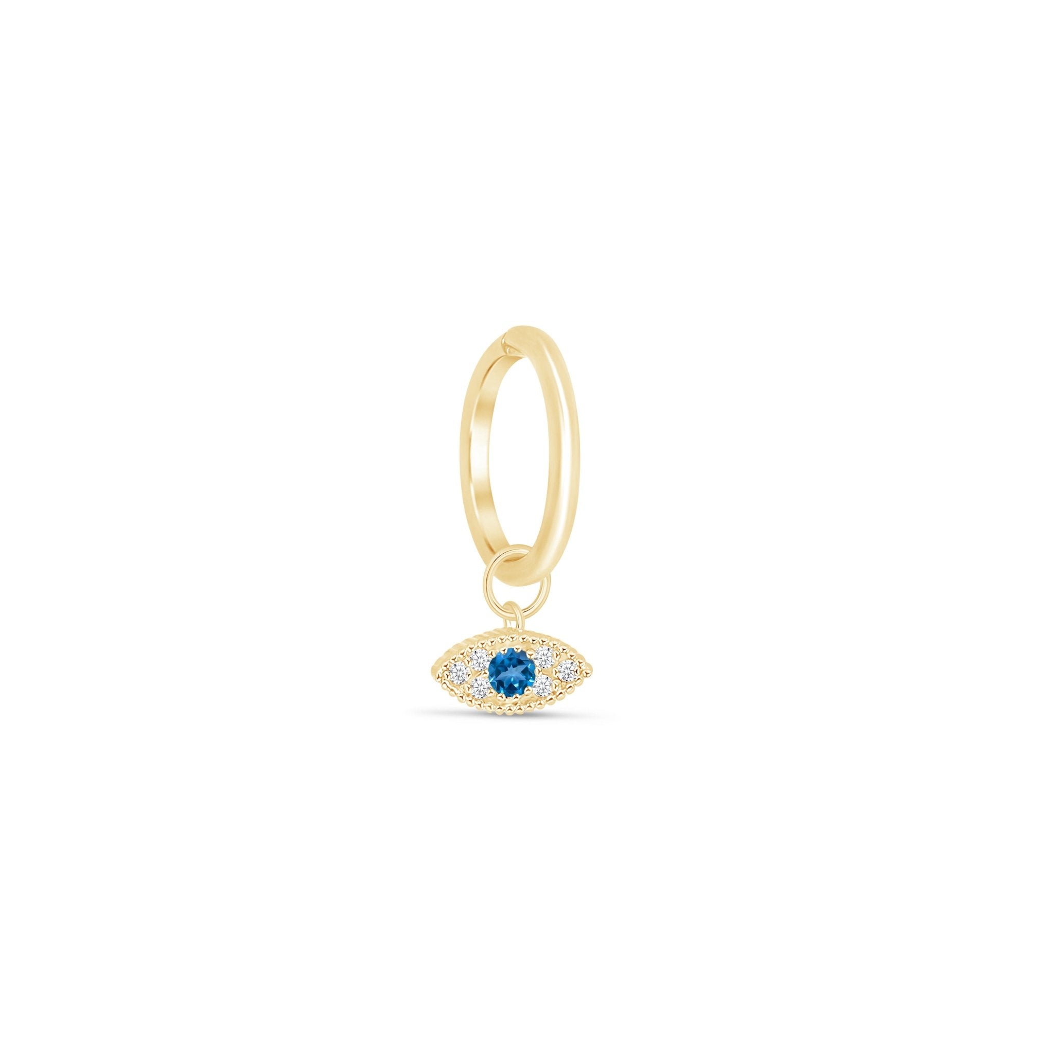Hoop with Blue Topaz Evil Eye Charm in Solid 14k Yellow Gold