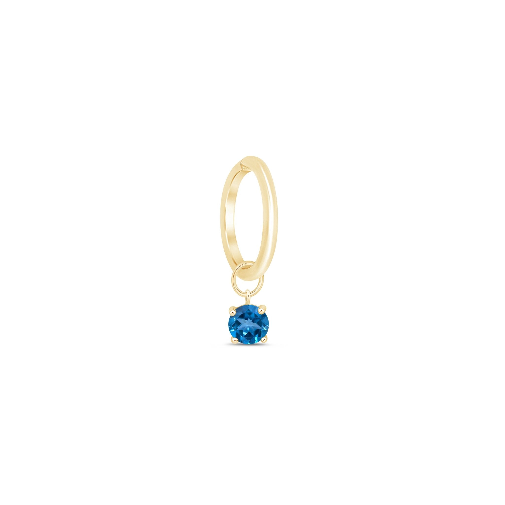 Hoop with Prong Set Blue Topaz Charm in Solid 14k Yellow Gold