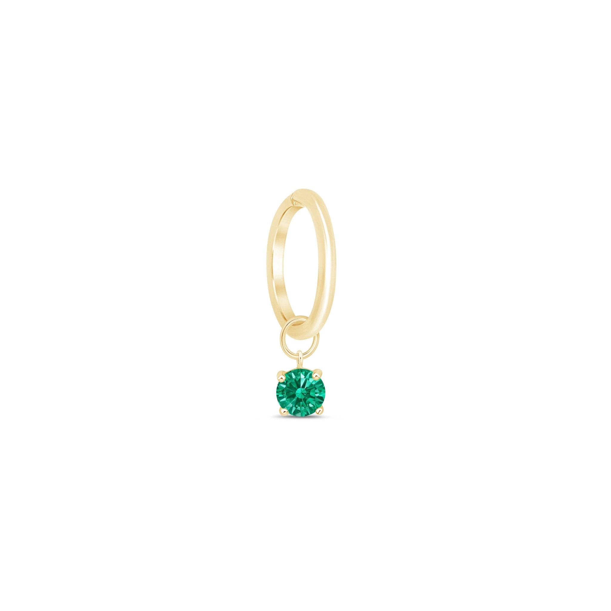 Hoop with Prong Set Emerald Charm in Solid 14k Yellow Gold