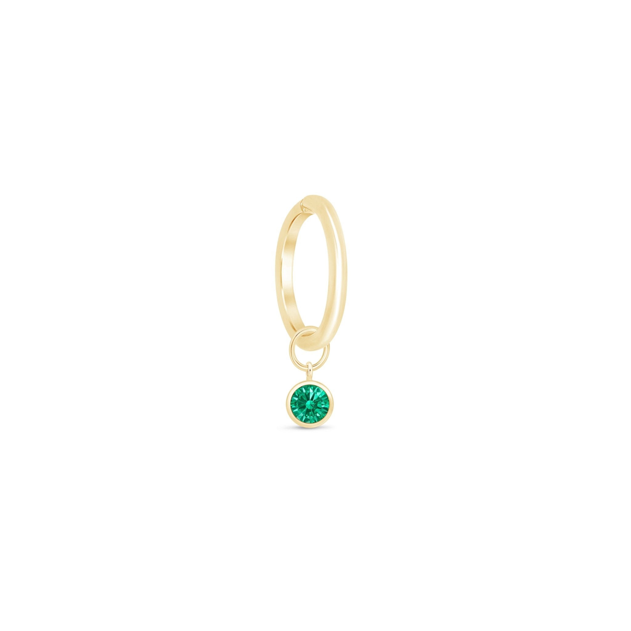 Hoop with Bezel Set Emerald Charm in Solid 14k Yellow Gold