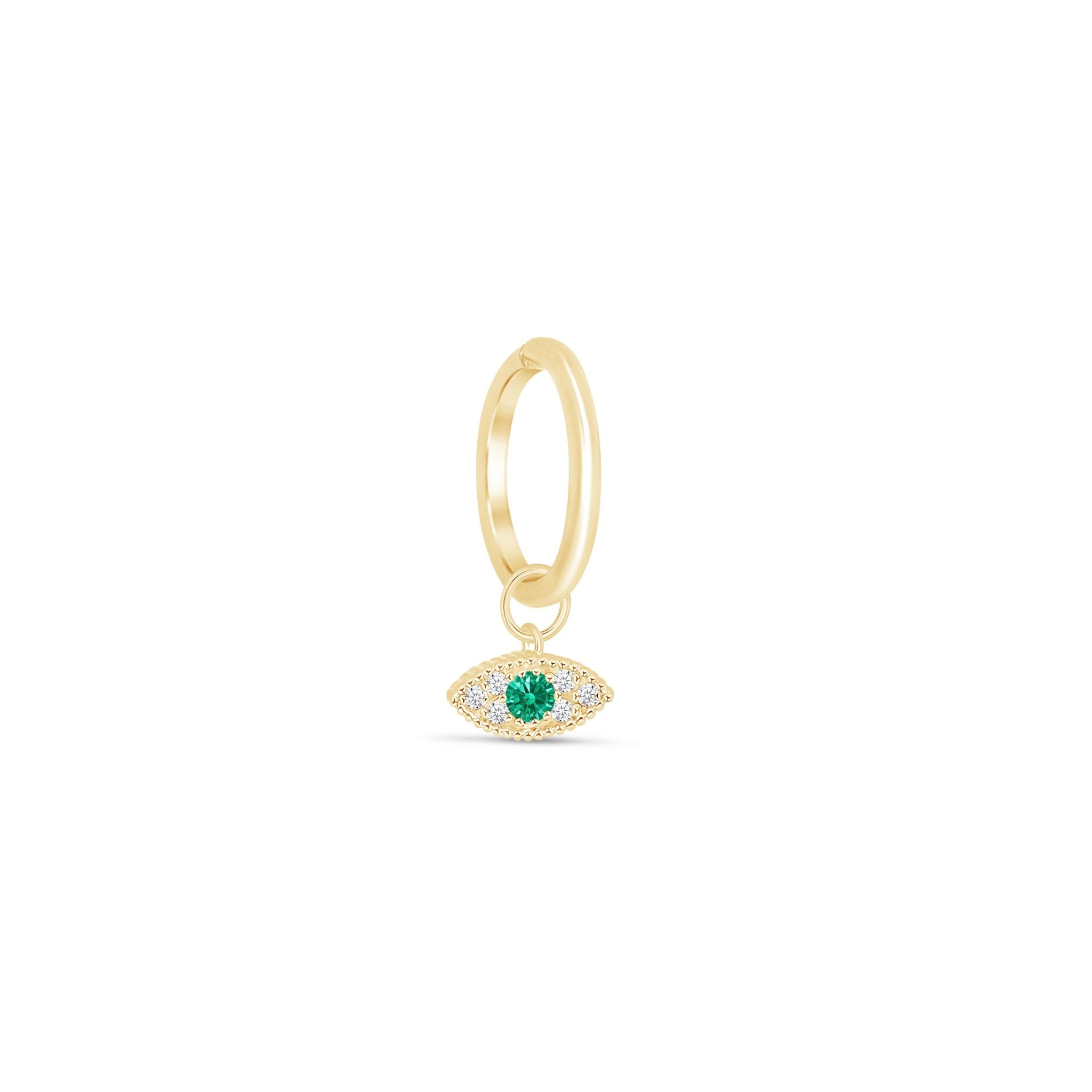 Hoop with Emerald Evil Eye Charm in Solid 14k Yellow Gold