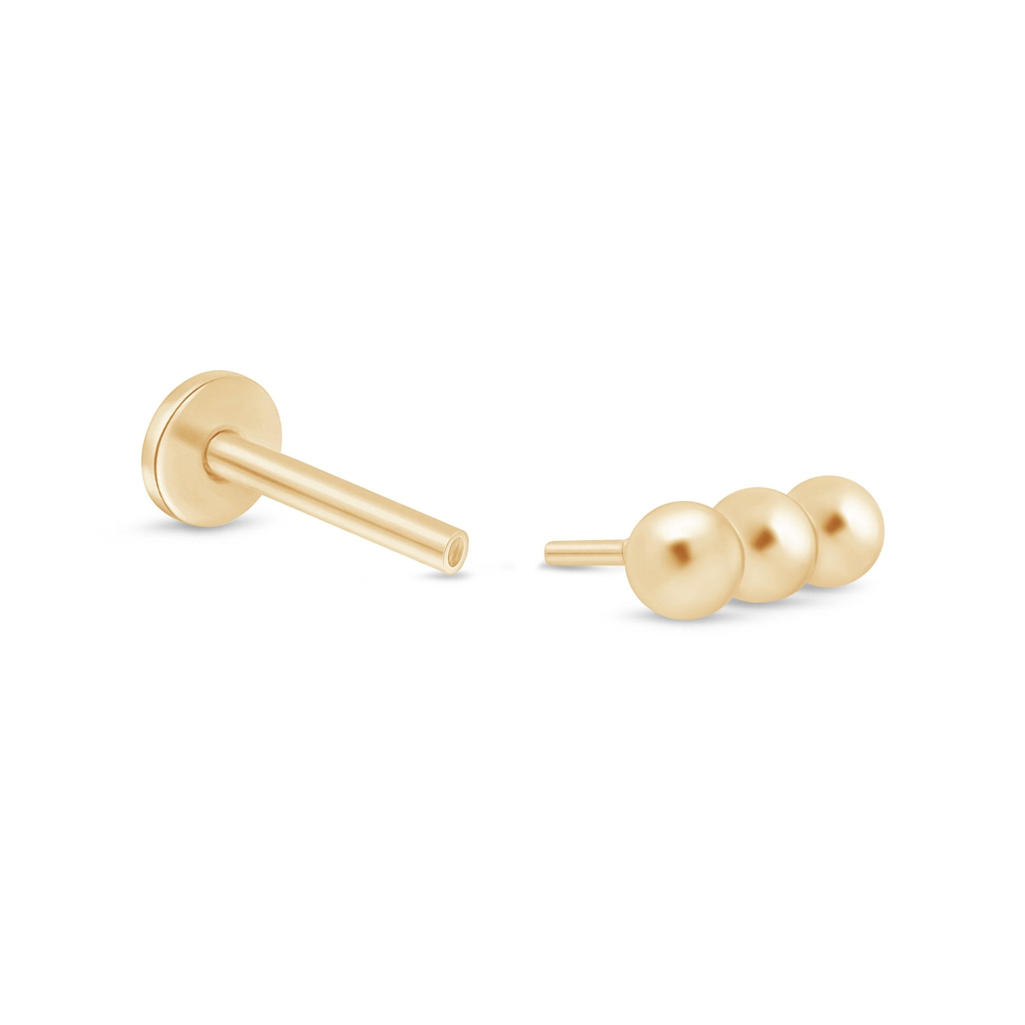 Three Bead Bar Flat Back Stud in Solid 14k Yellow Gold