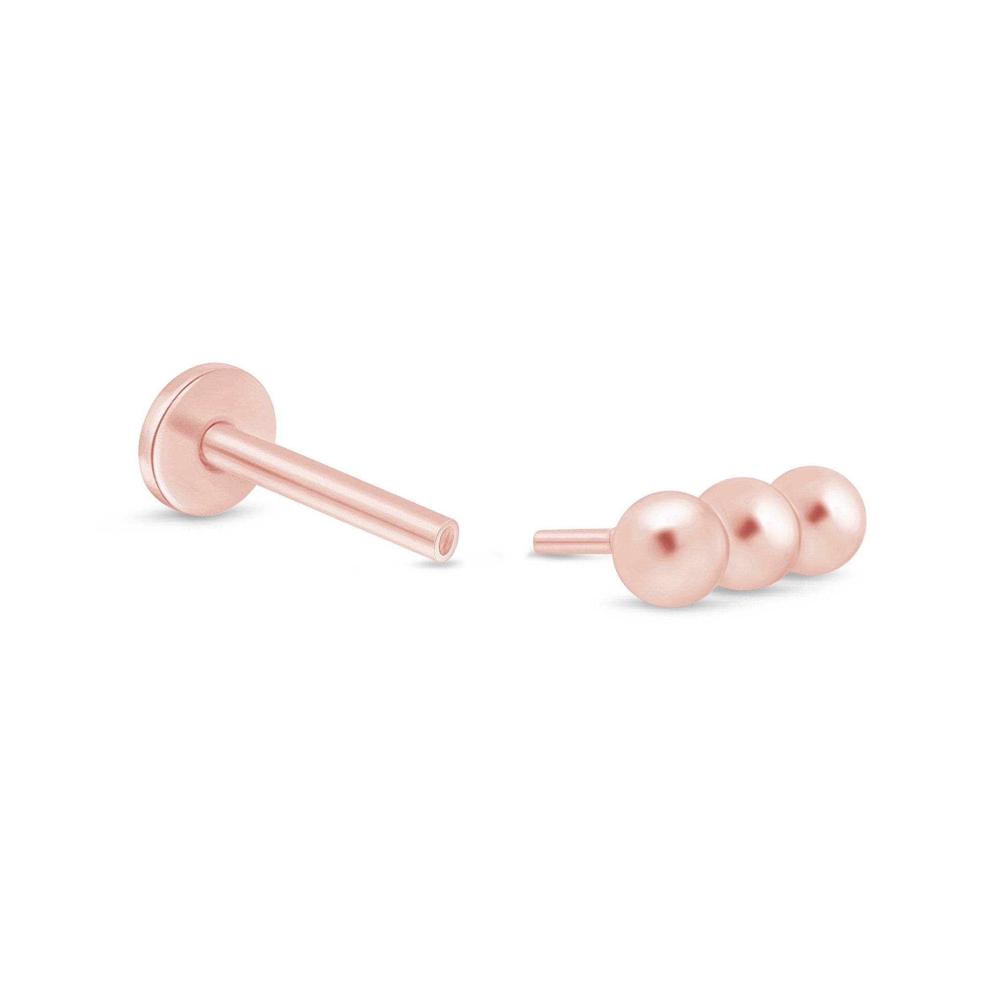 Three Bead Bar Flat Back Stud in Solid 14k Rose Gold