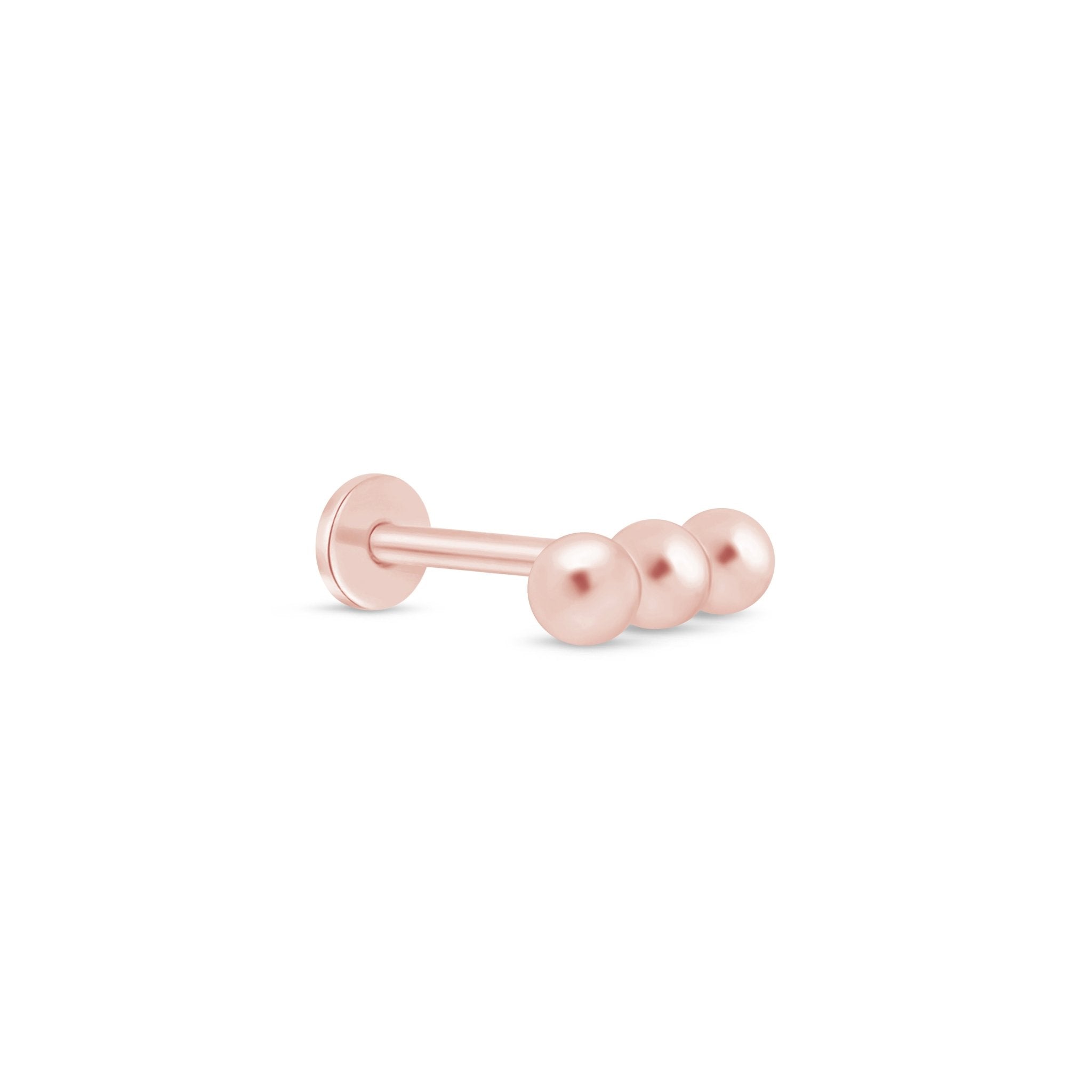 Three Bead Bar Flat Back Stud in Solid 14k Rose Gold