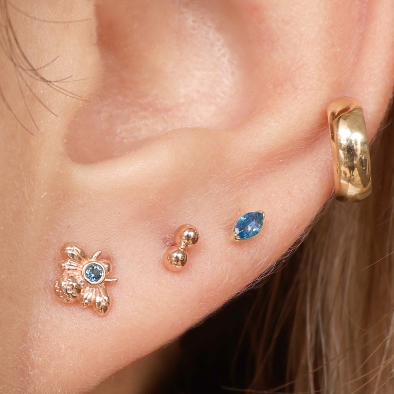 Marquise London Blue Topaz Flat Back Stud in Solid 14k Yellow Gold