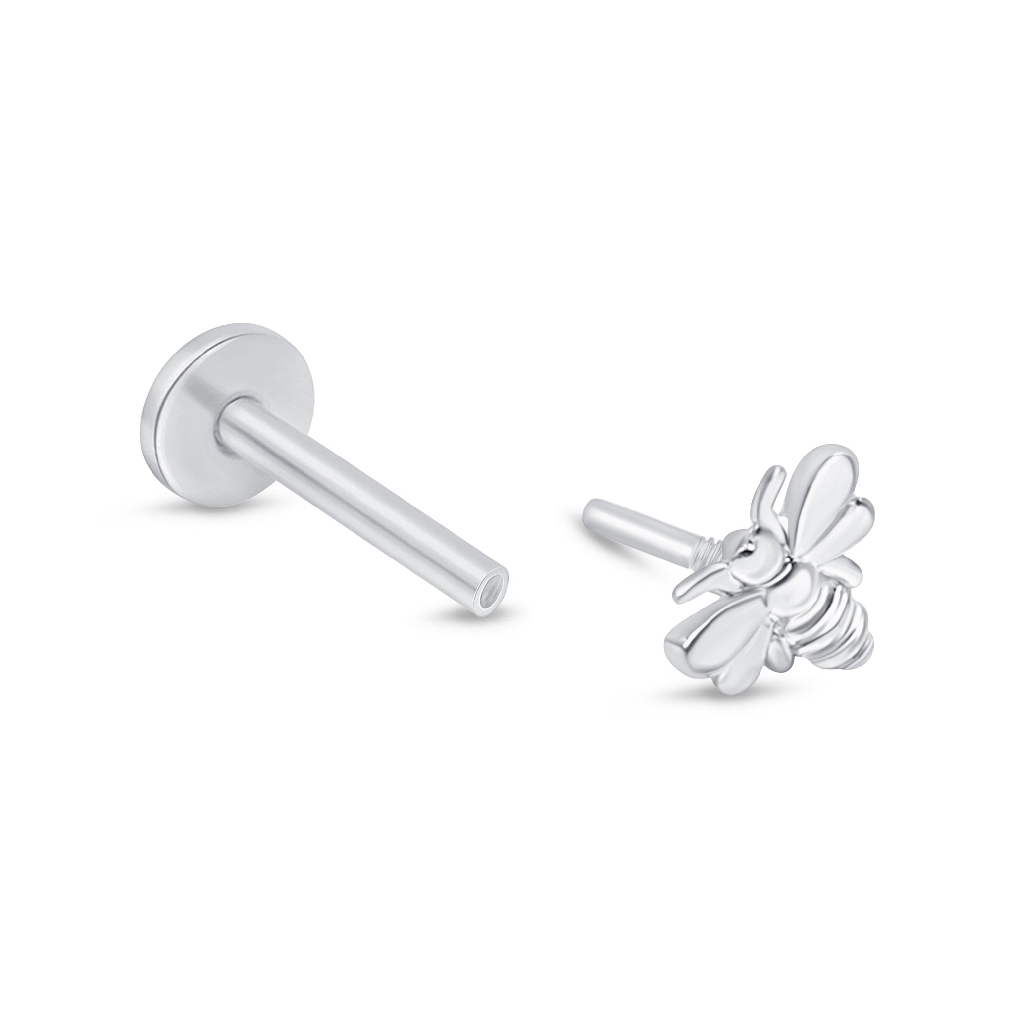 Minimalist Bee Flat Back Stud in Solid 14k White Gold