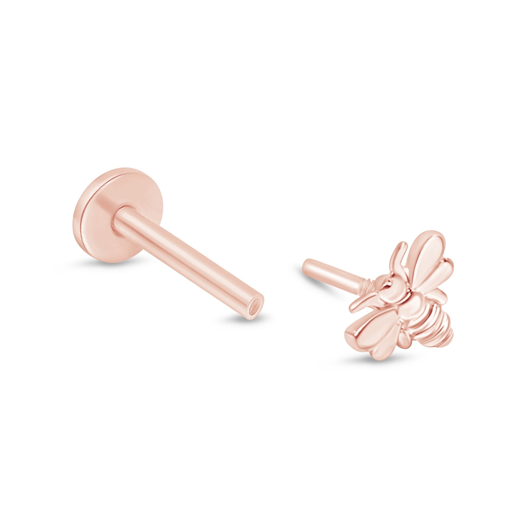 Minimalist Bee Flat Back Stud in Solid 14k Rose Gold