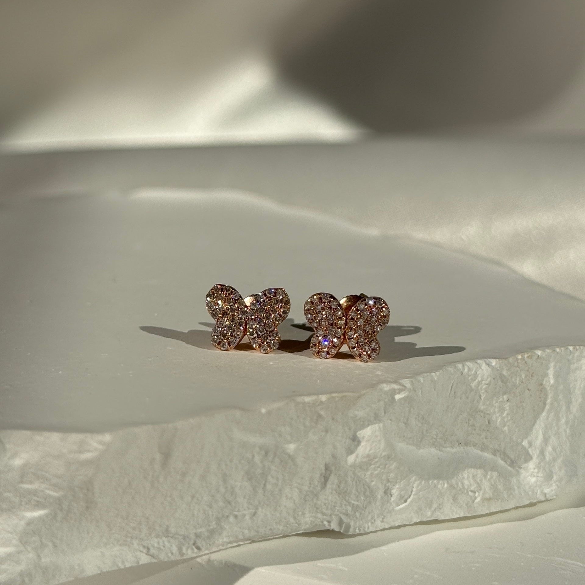 Diamond Pavé Butterfly Screw Back Earrings in Solid 14k Rose Gold