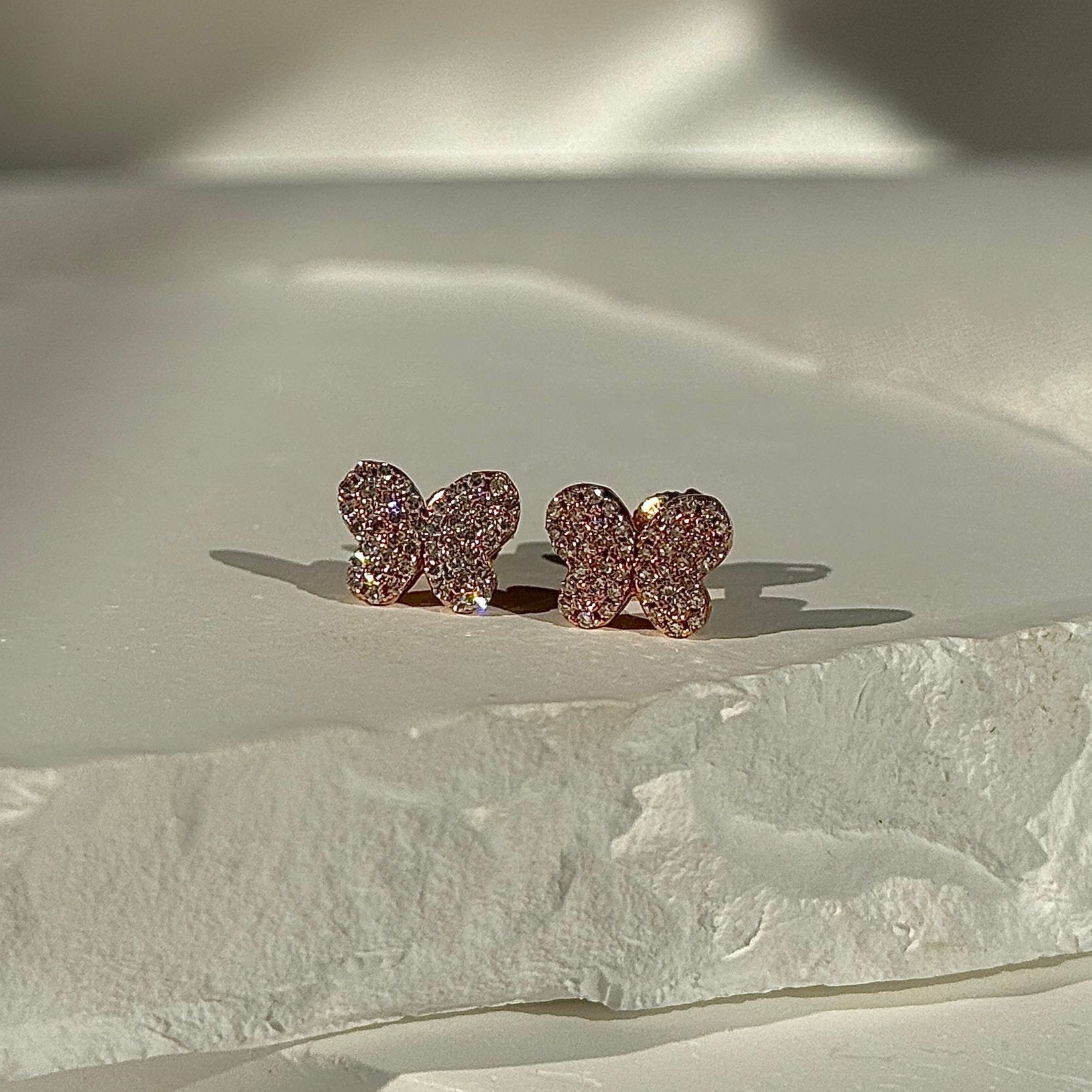 Diamond Pavé Butterfly Screw Back Earrings in Solid 14k Rose Gold