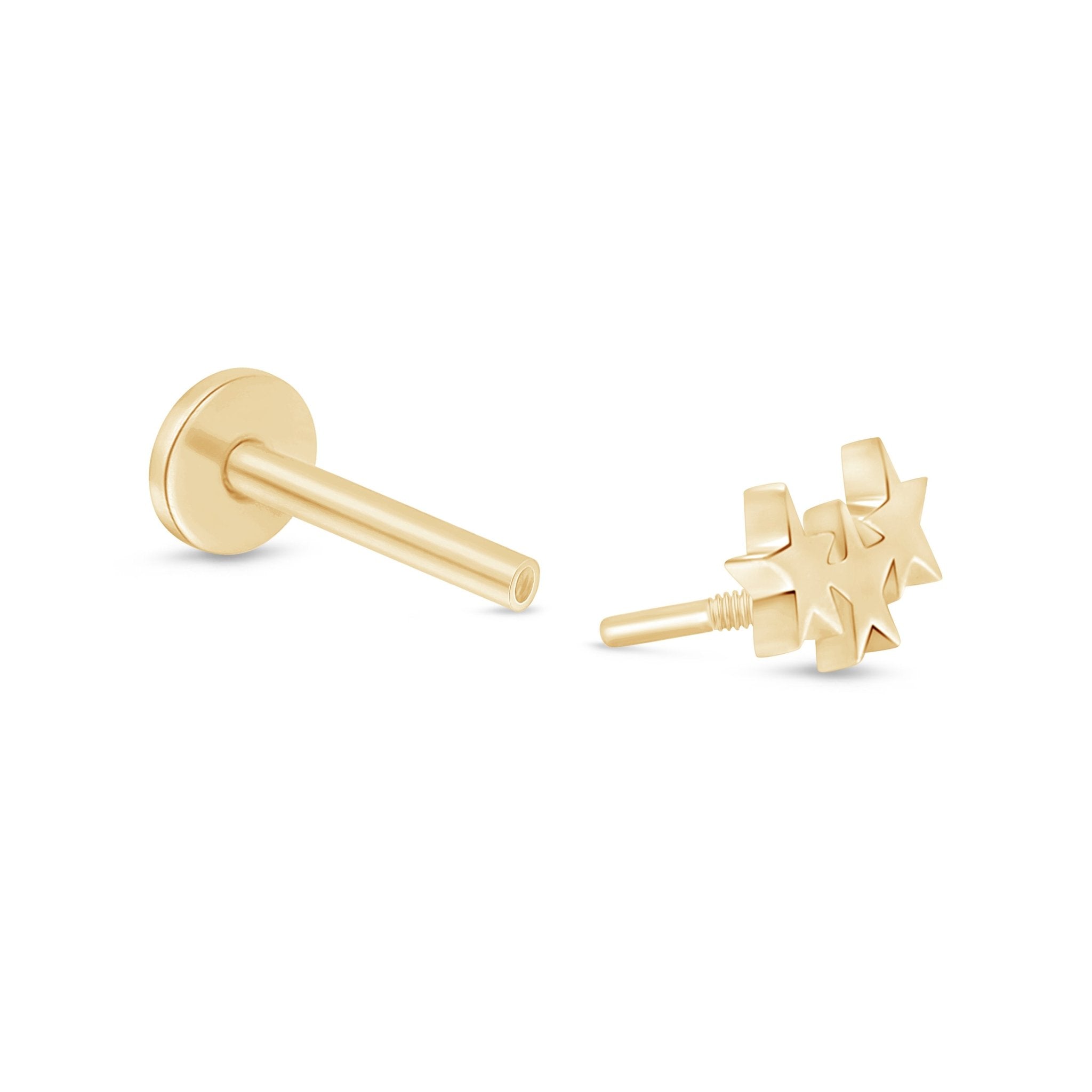 Three Star Flat Back Stud in Solid 14k Yellow Gold