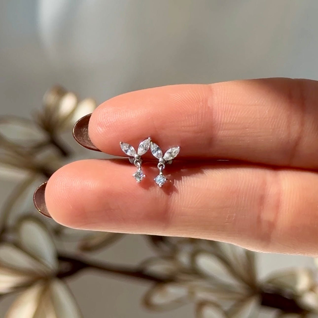 Double Marquise Gemstone Drop Flat Back Stud in Solid 14k White Gold