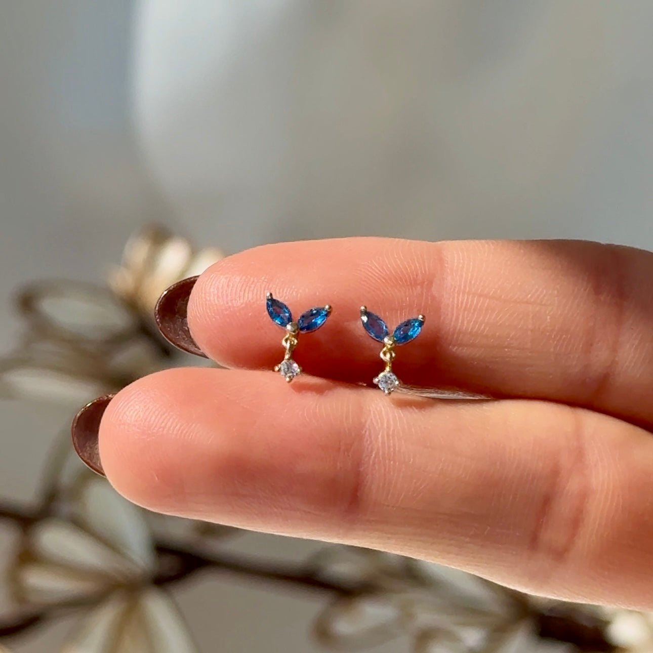 Blue Topaz Double Marquise Drop Flat Back Stud in Solid 14k Yellow Gold