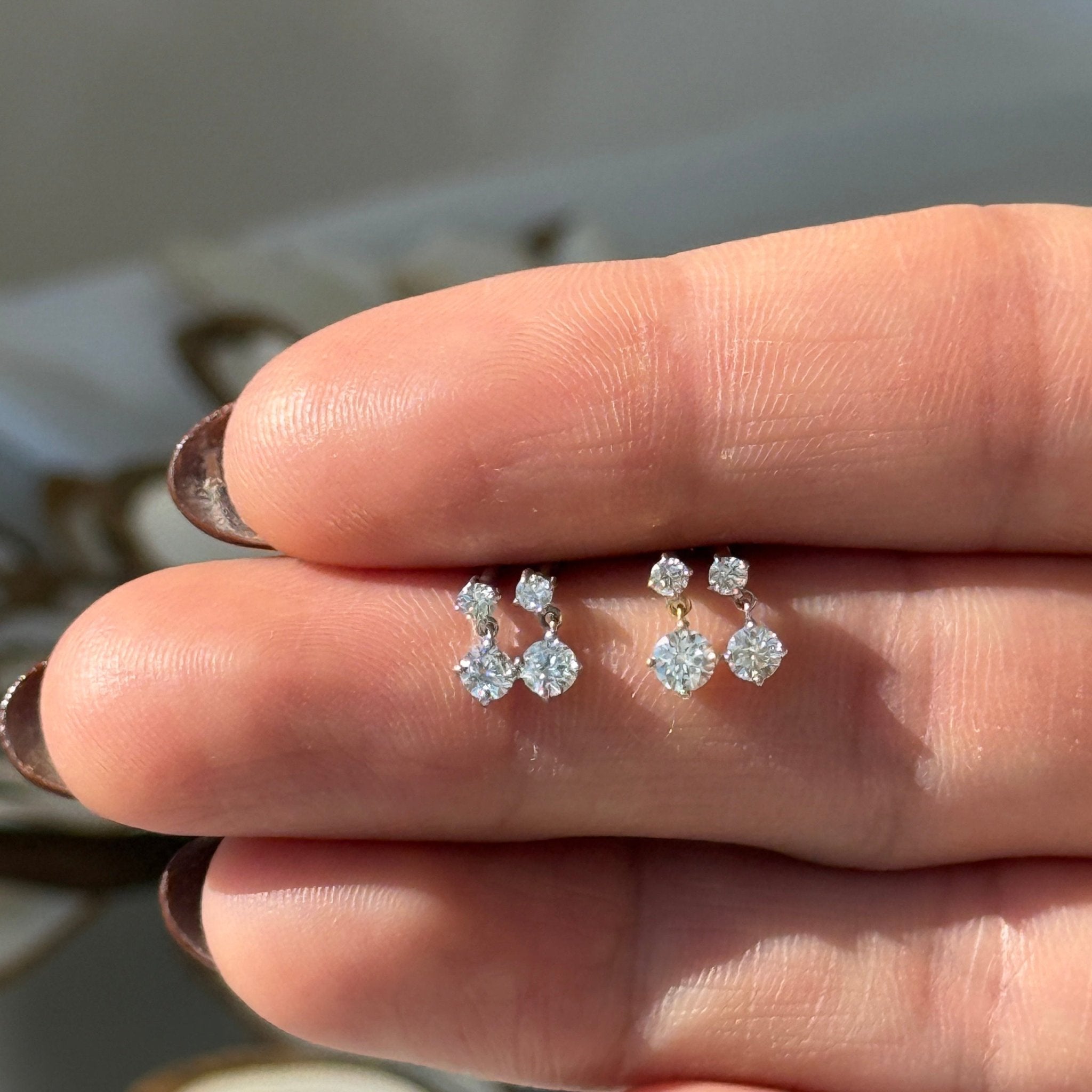 Double Diamond Drop Flat Back Stud in Solid 14k White Gold