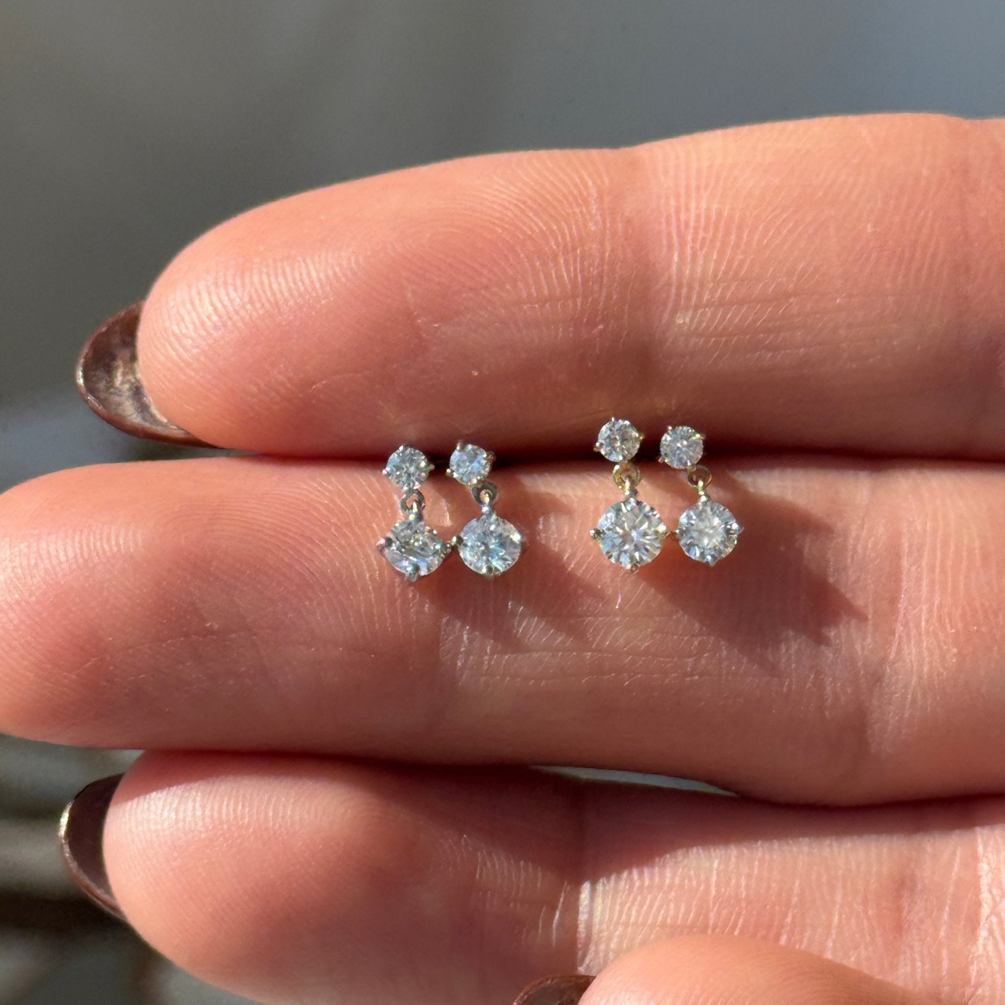 Double Diamond Drop Flat Back Stud in Solid 14k White Gold