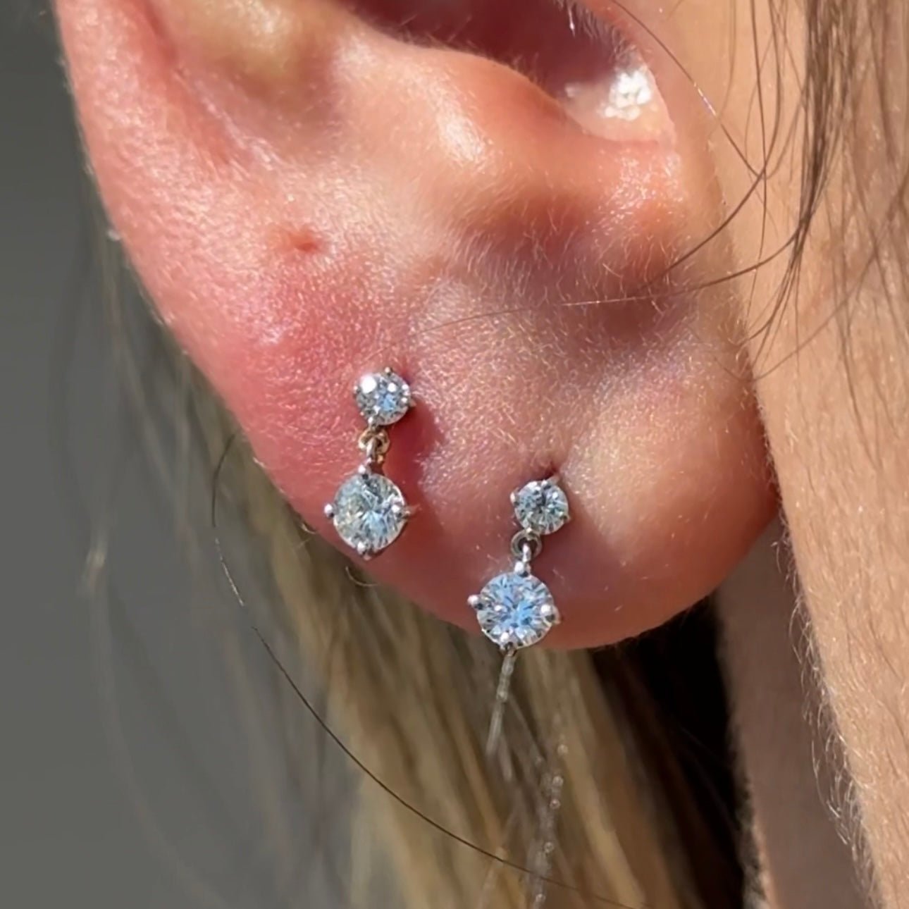 Double Diamond Drop Flat Back Stud in Solid 14k White Gold