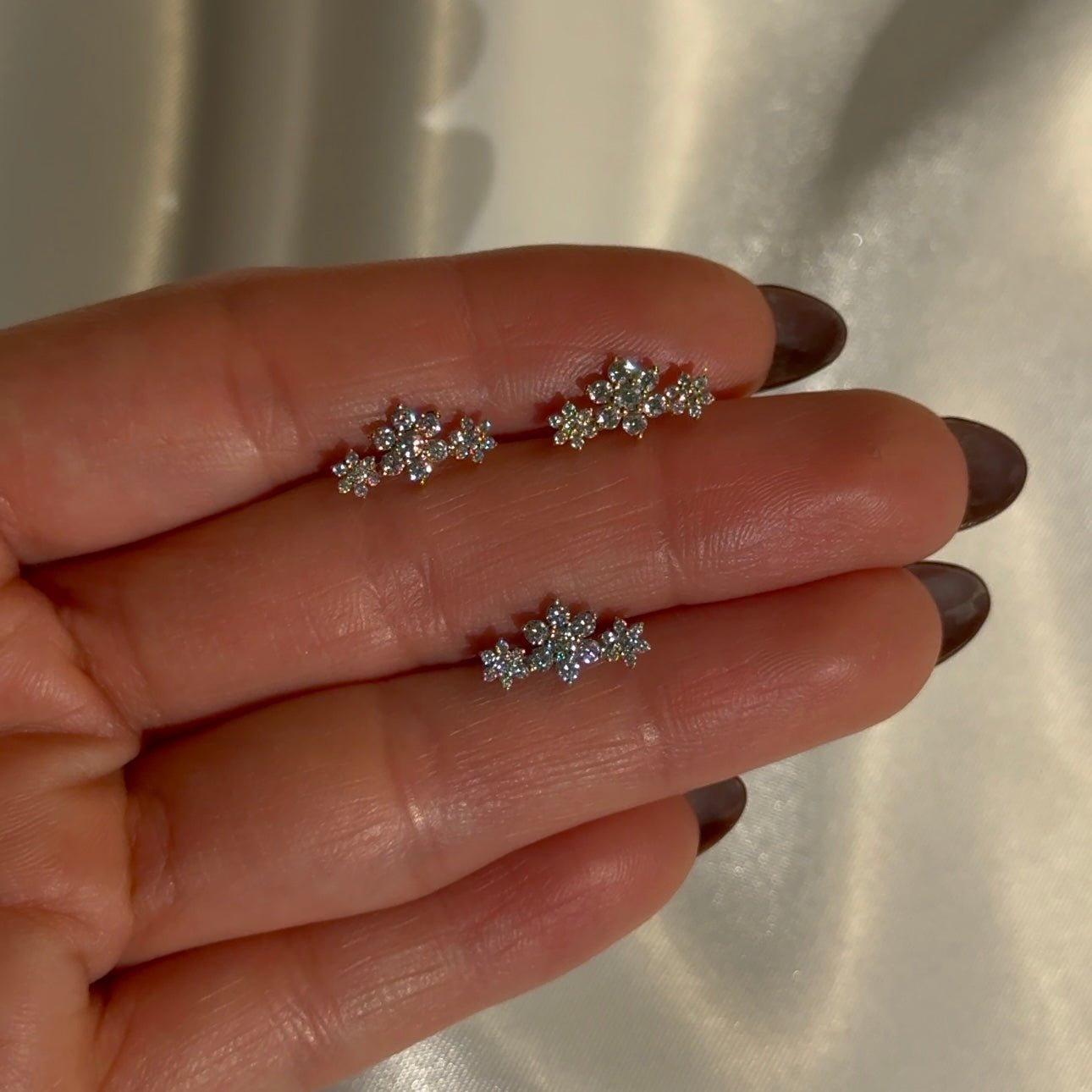 Diamond Three Flower Garland Flat Back Stud in Solid 14k White Gold