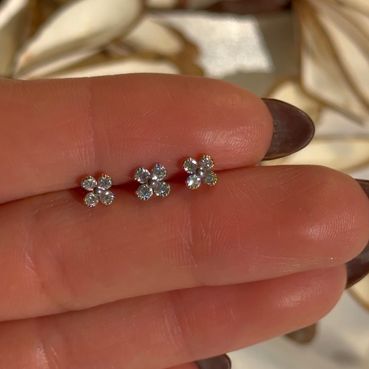 Beaded Diamond Four Petal Flower Flat Back Stud in Solid 14k Rose Gold