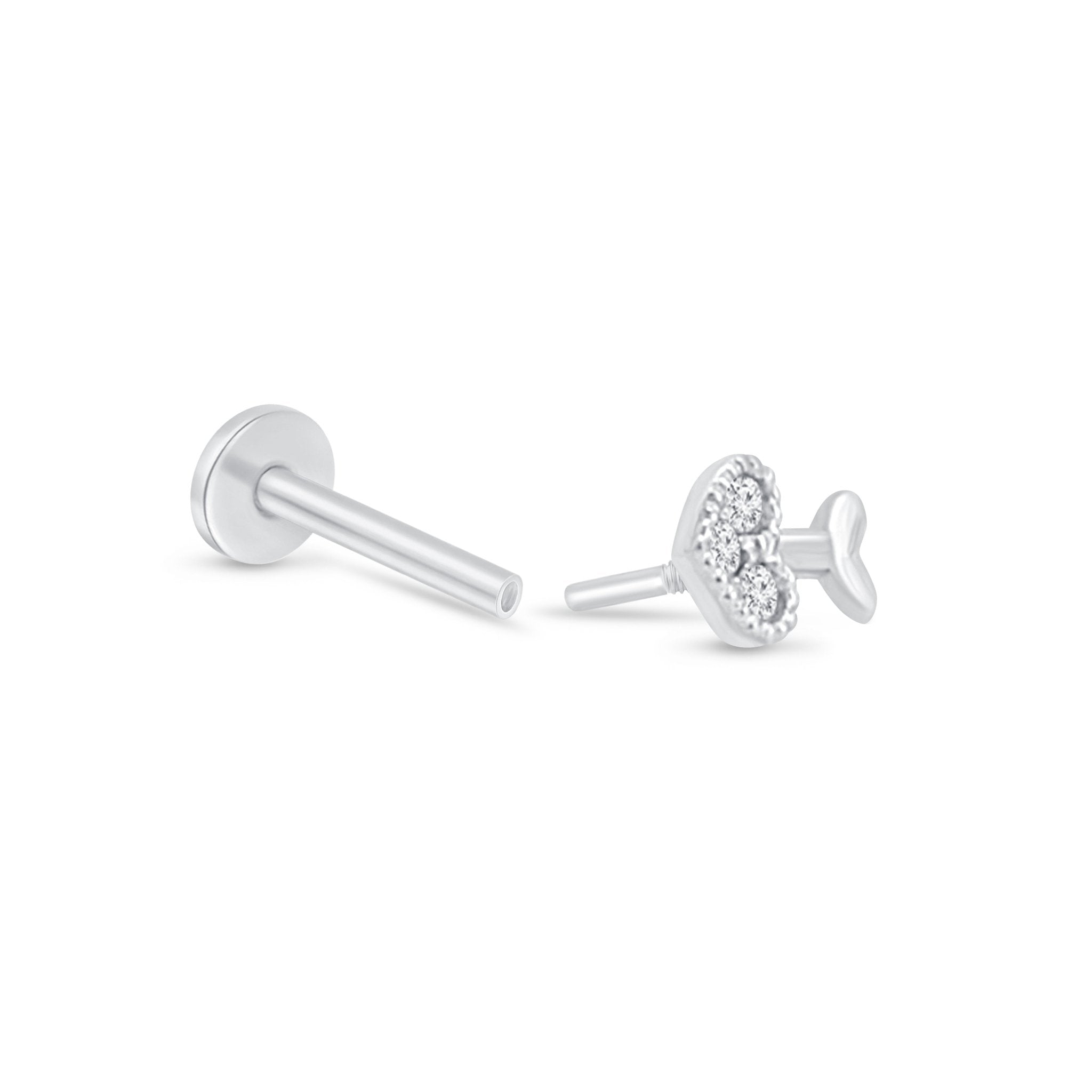 Diamond Heart Cupid's Arrow Flat Back Stud in Solid 14k White Gold