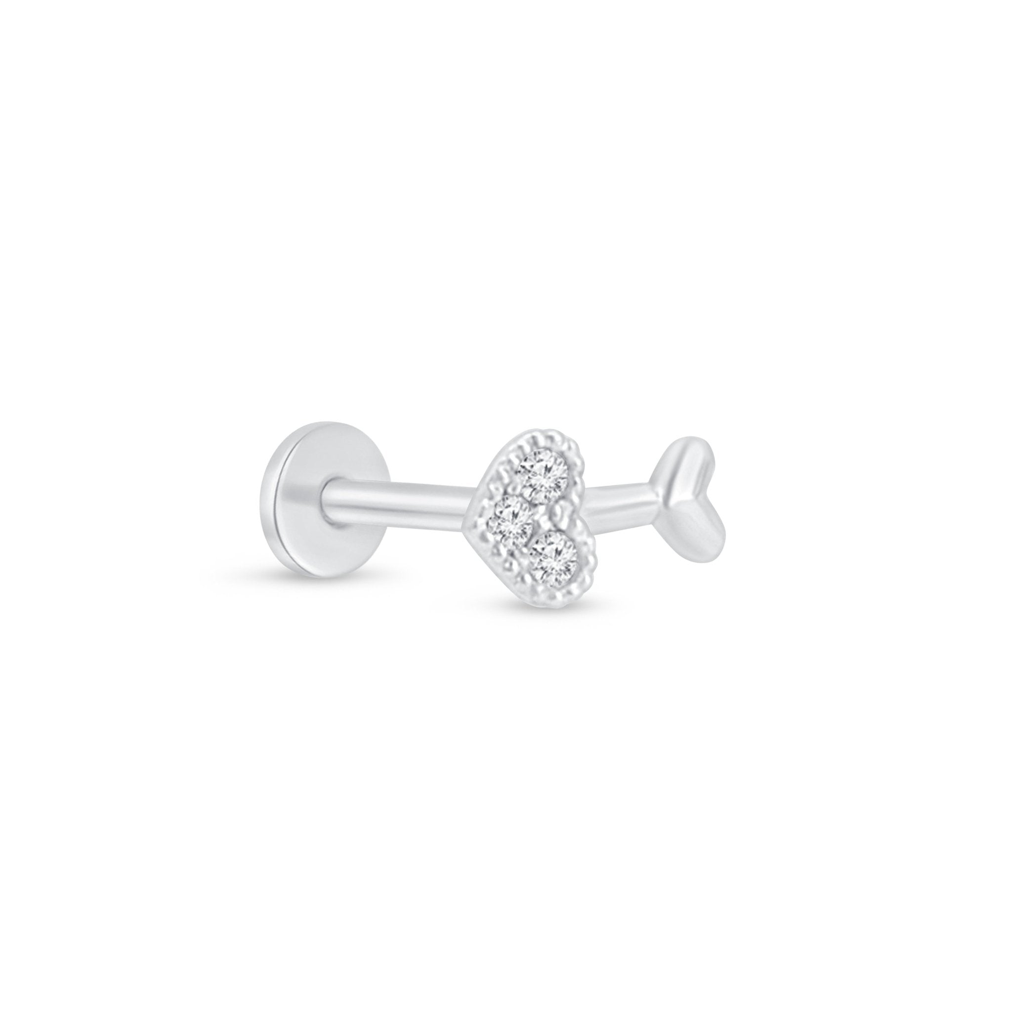 Diamond Heart Cupid's Arrow Flat Back Stud in Solid 14k White Gold