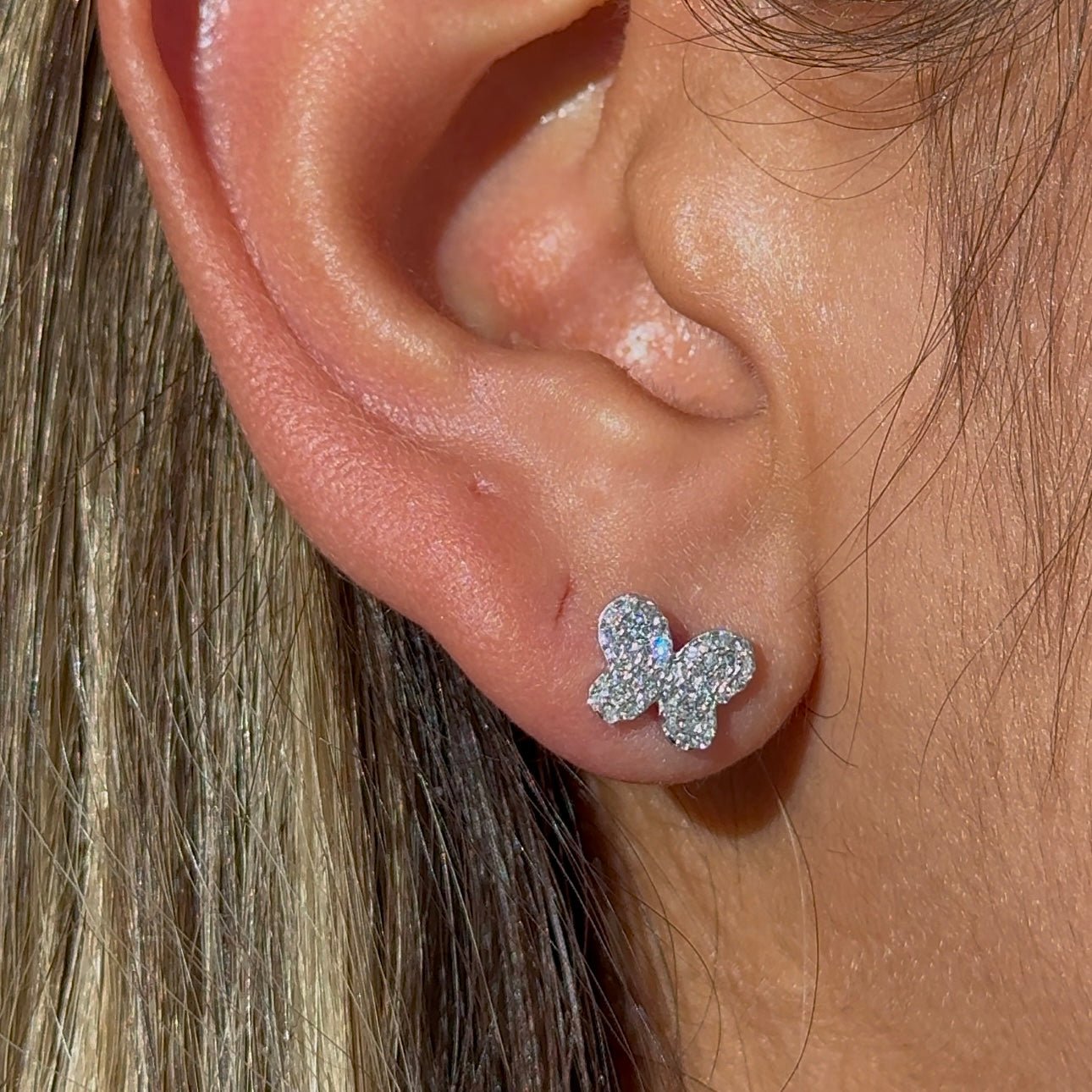 Diamond Pavé Butterfly Screw Back Earrings in Solid 14k White Gold