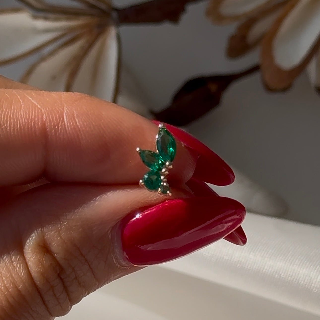 Green Emerald Marquise Wing Flat Back Stud in Solid 14k Yellow Gold
