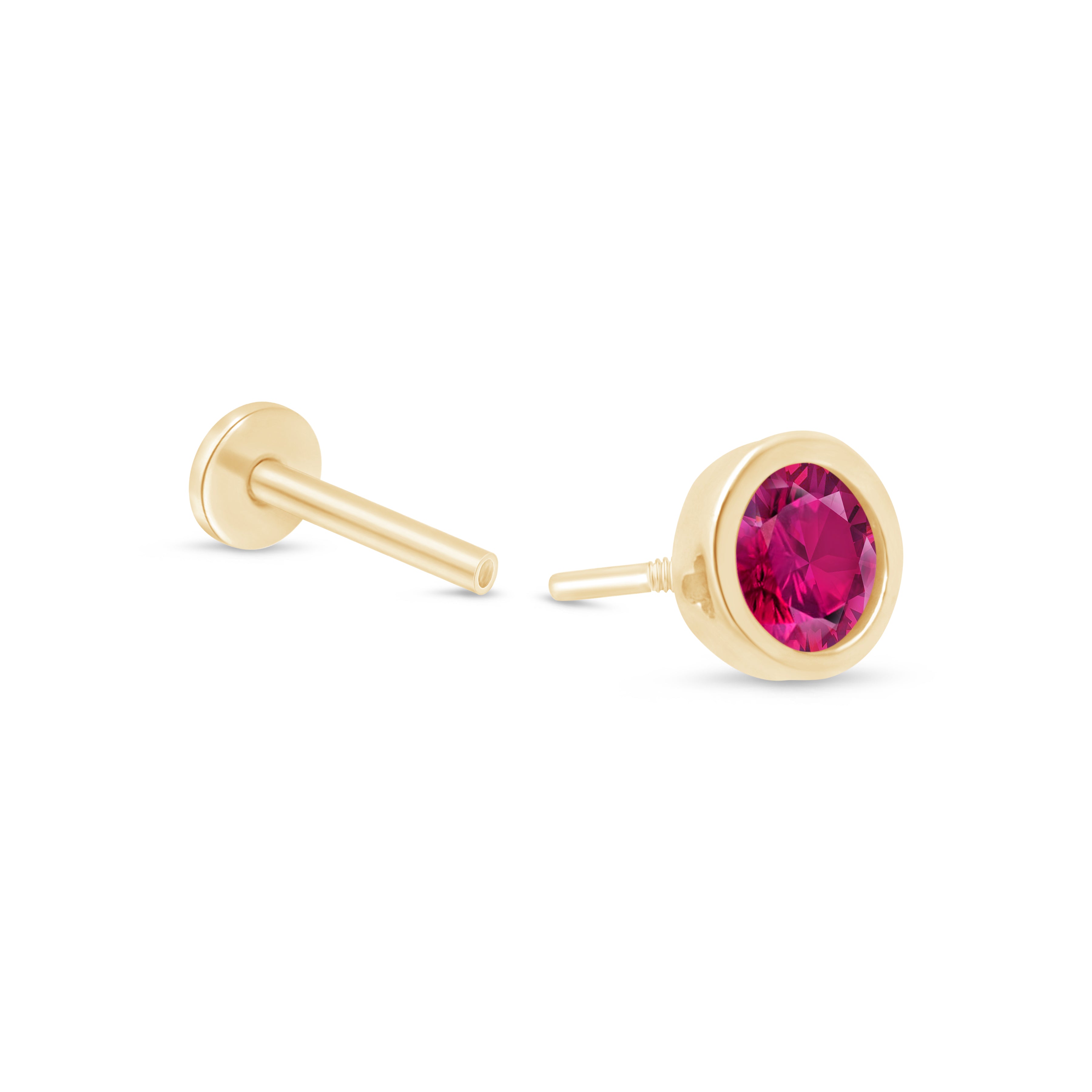 Round Pink Ruby Flat Back Stud Bezel Set in Solid 14k Yellow Gold