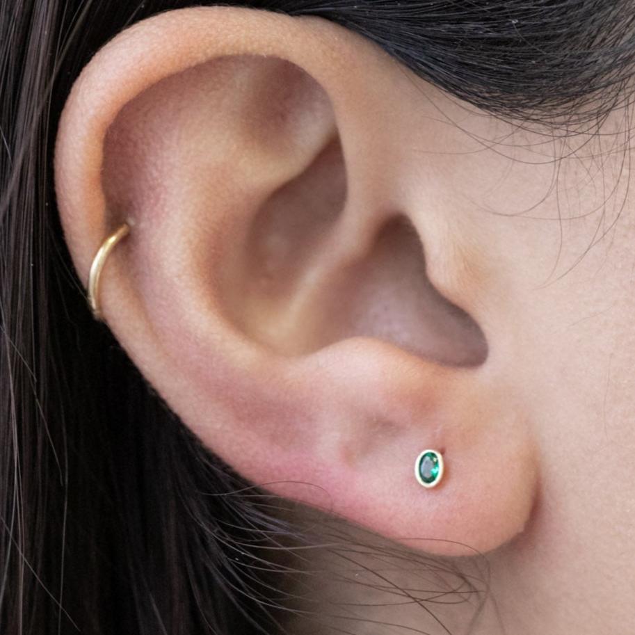 Oval Emerald Flat Back Stud Bezel Set in Solid 14k Yellow Gold