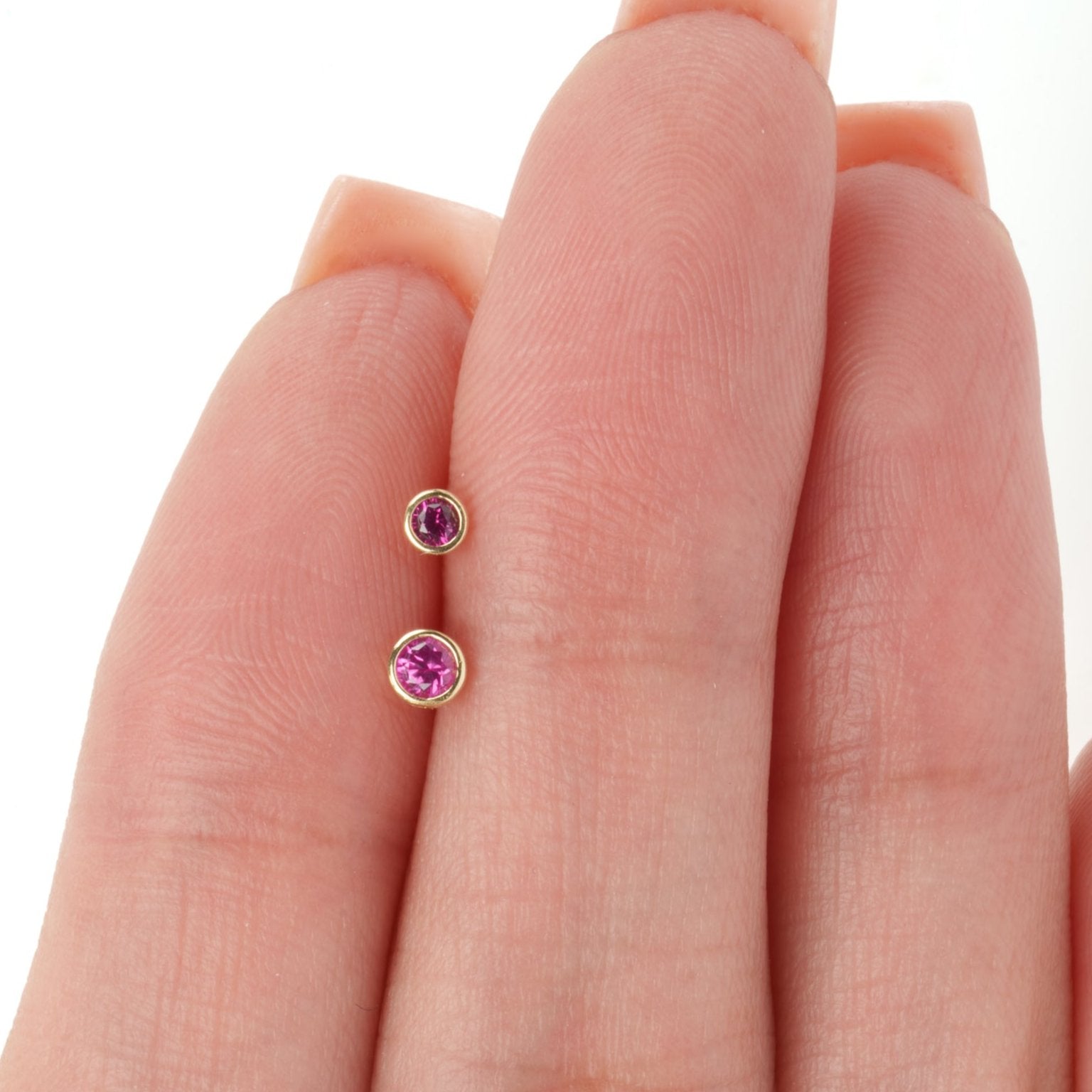 Round Pink Ruby Flat Back Stud Bezel Set in Solid 14k Yellow Gold