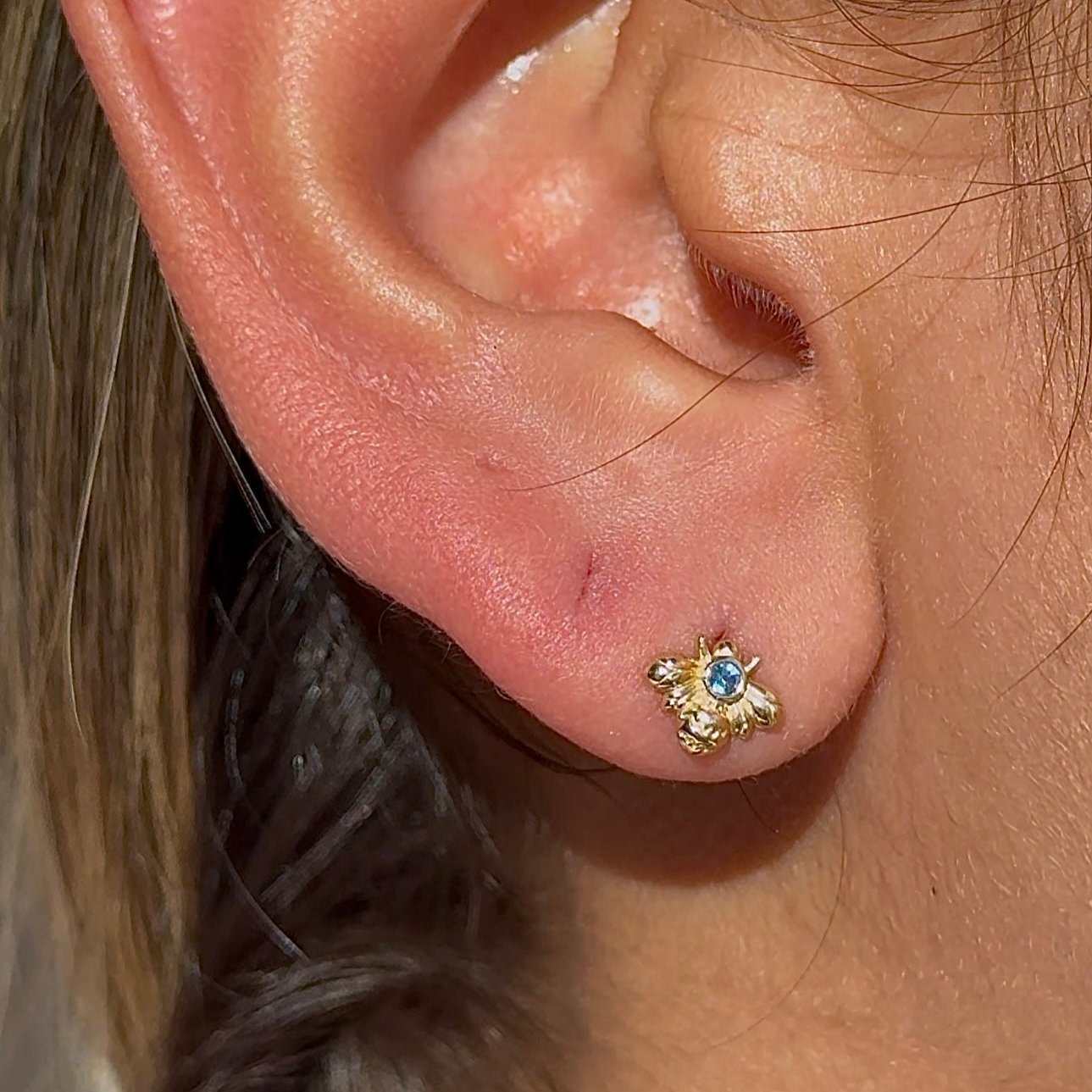 Blue Topaz Bee Flat Back Stud in Solid 14k Yellow Gold