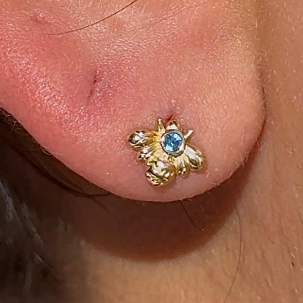 Blue Topaz Bee Flat Back Stud in Solid 14k Yellow Gold