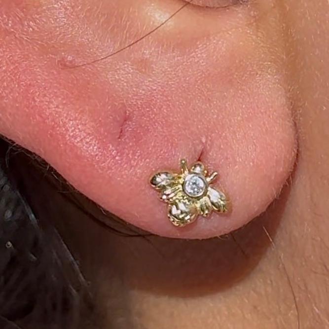Cubic Zirconia Bee Flat Back Stud in Solid 14k Yellow Gold