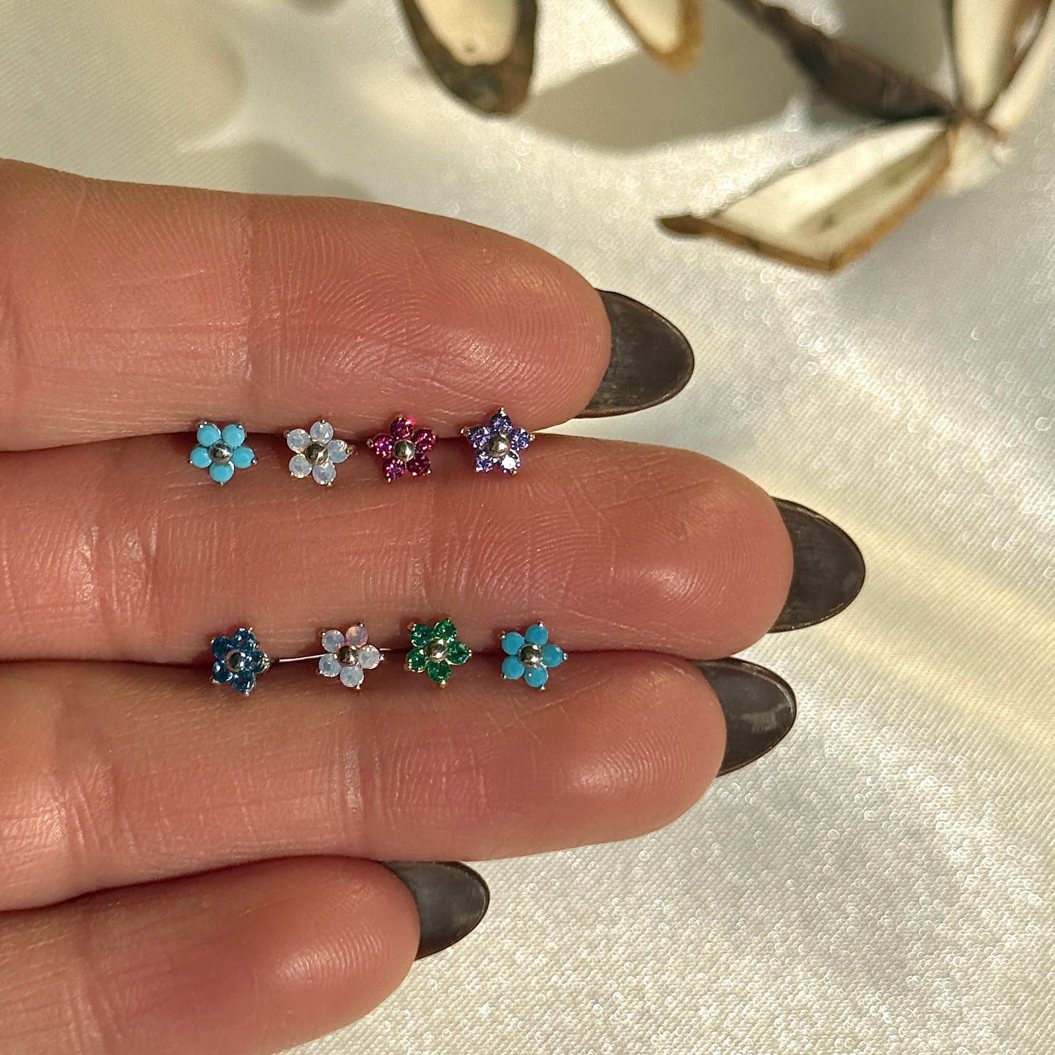 Pink Opal Flower Flat Back Stud in Solid 14k Rose Gold