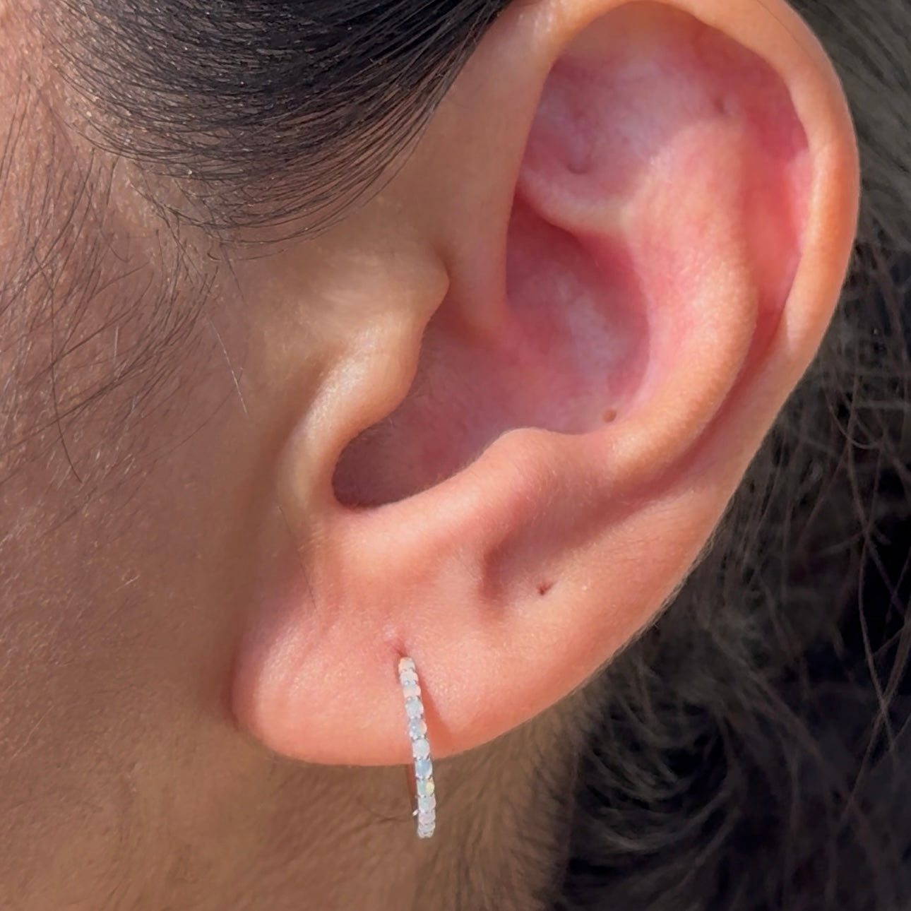 Opal Hoop Earring in Solid 14k White Gold