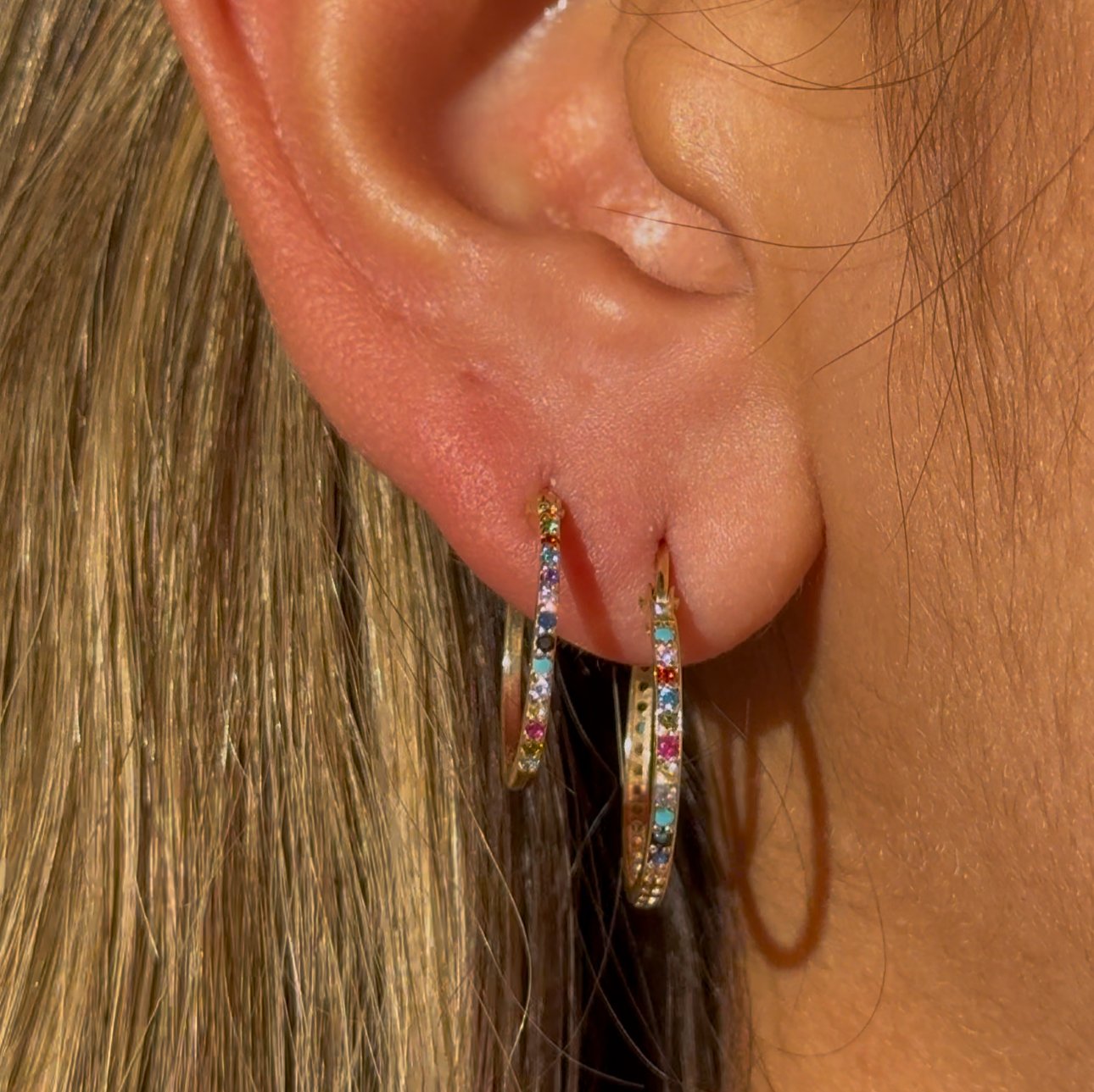 Rainbow Pavé Studded Hoop in Solid 14k Yellow Gold