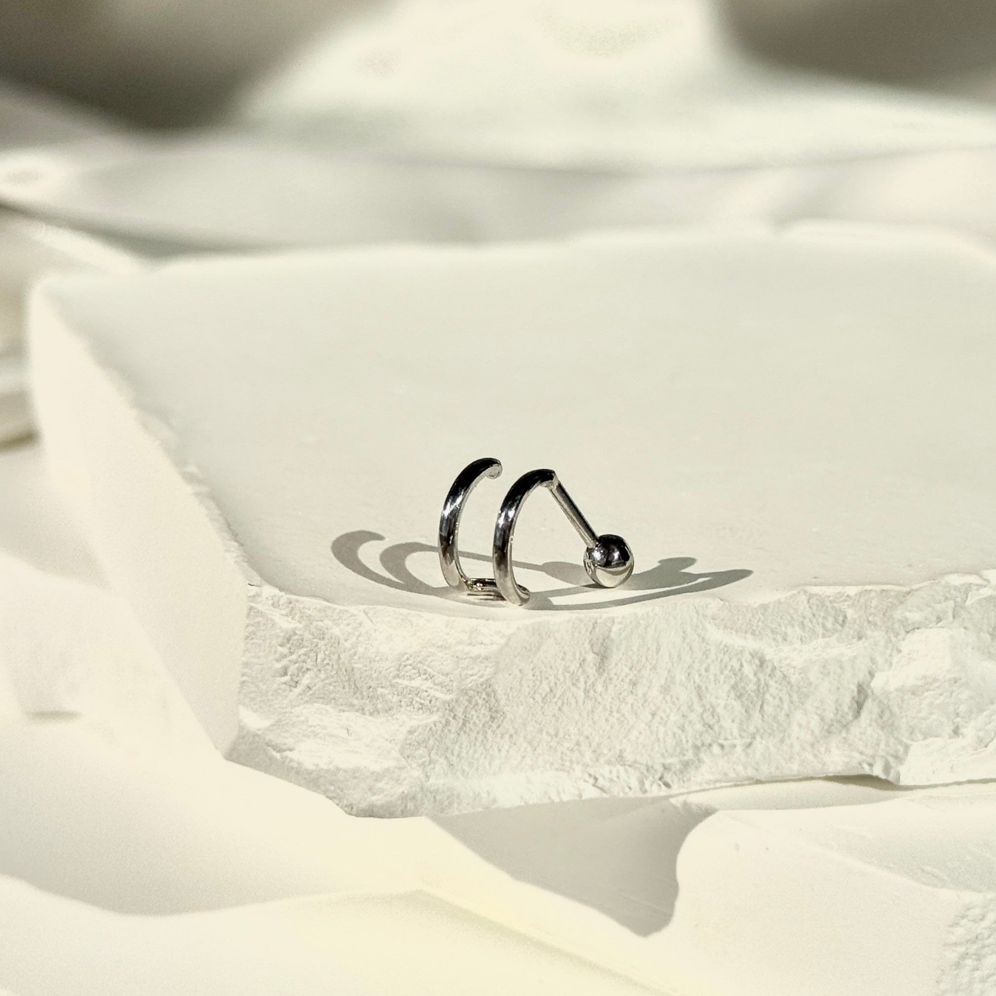 Double Hoop Illusion Ear Cuff Earring in Solid 14k White Gold