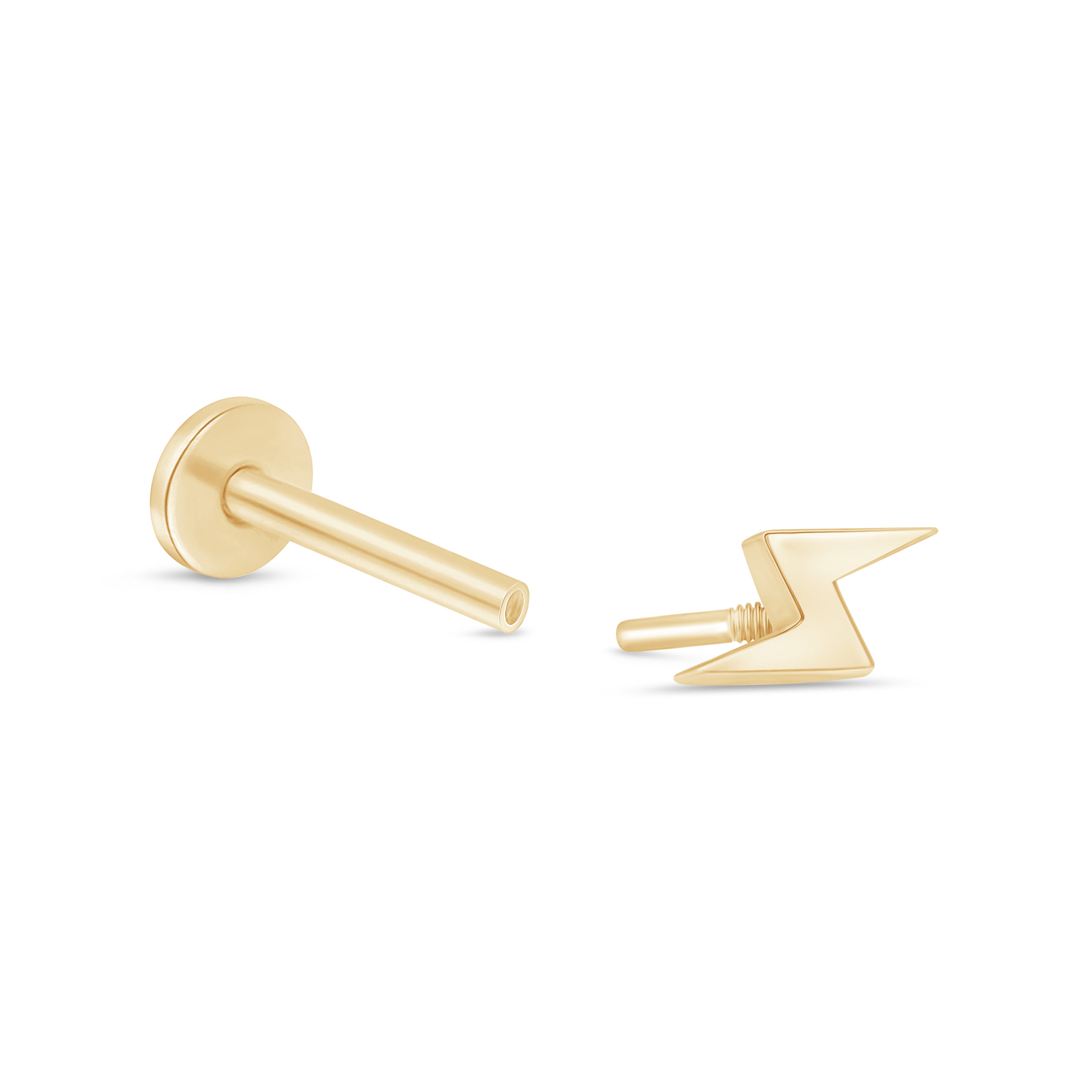 Lightning Bolt Flat Back Stud in Solid 14k Yellow Gold