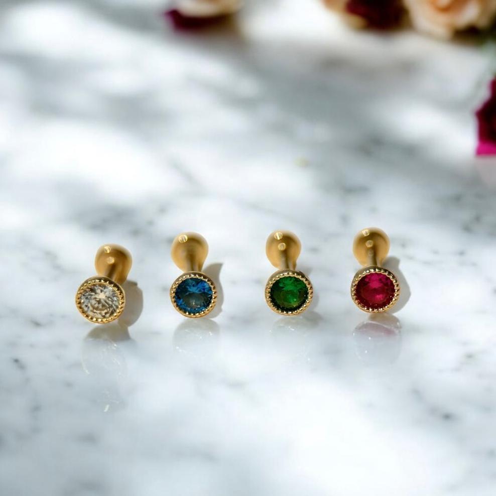 London Blue Topaz Flat Back Stud Milgrain Set in Solid 14k Yellow Gold