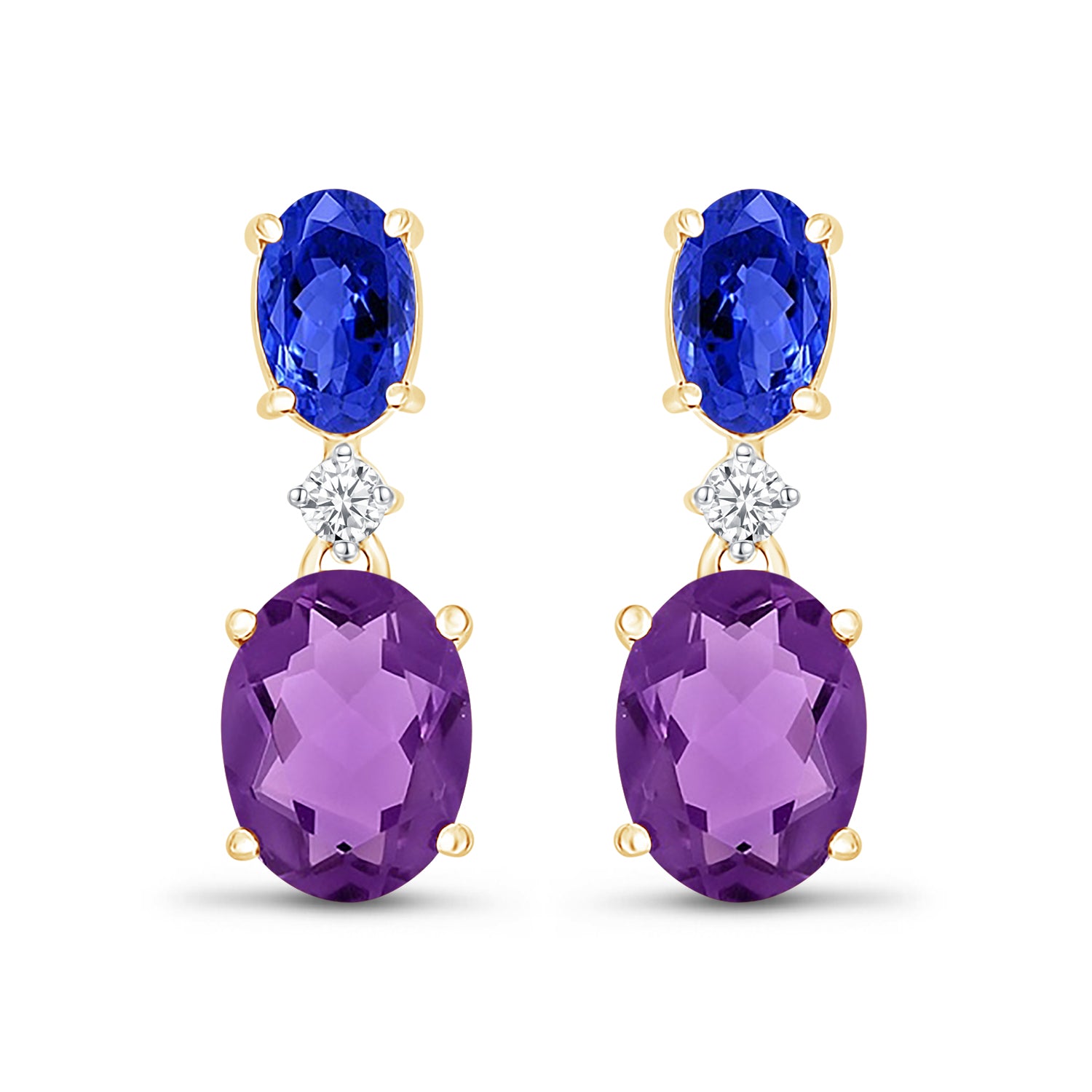Dangling Oval Sapphire and Amethyst Earrings in Solid 10k Yellow Gold