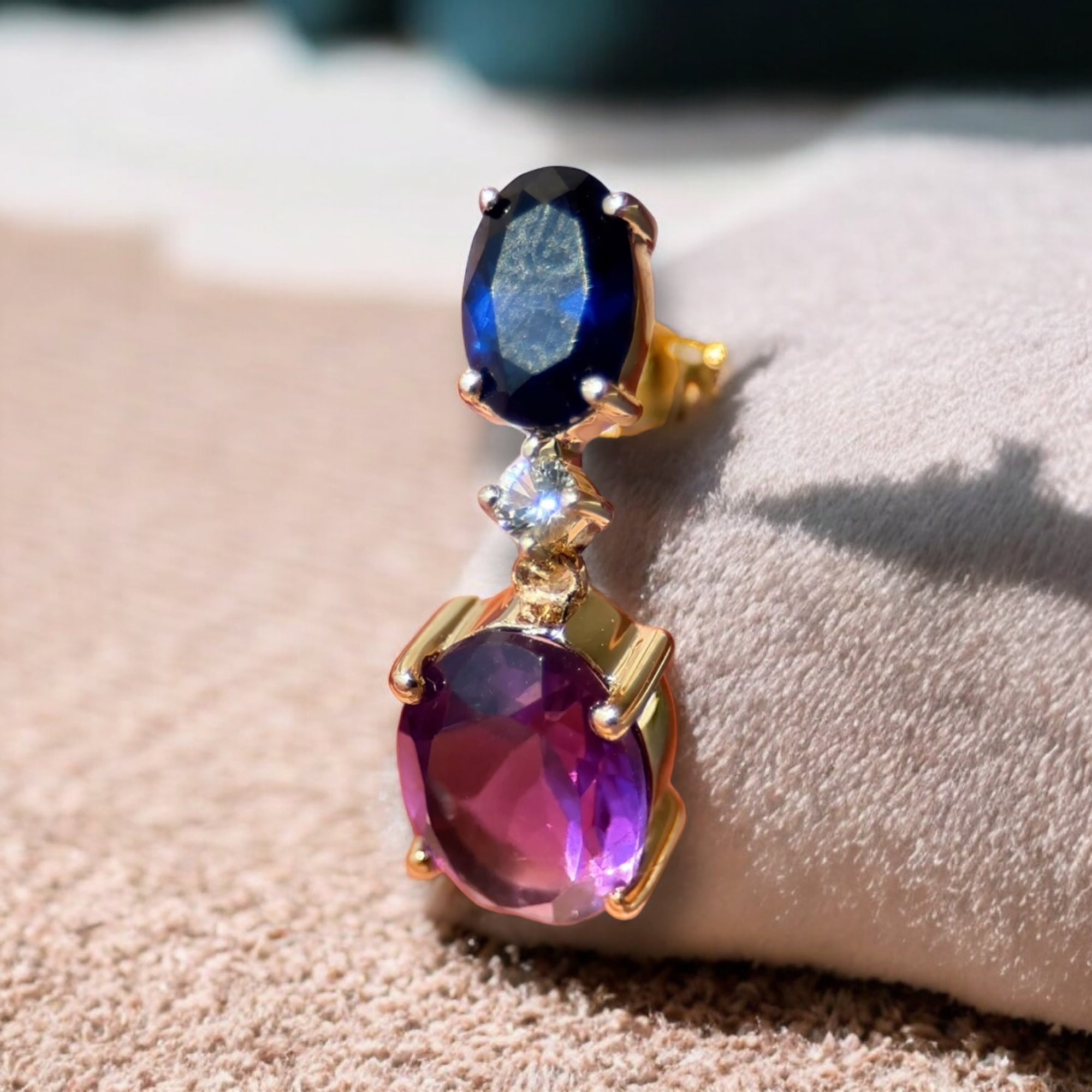 Dangling Oval Sapphire and Amethyst Earrings in Solid 10k Yellow Gold