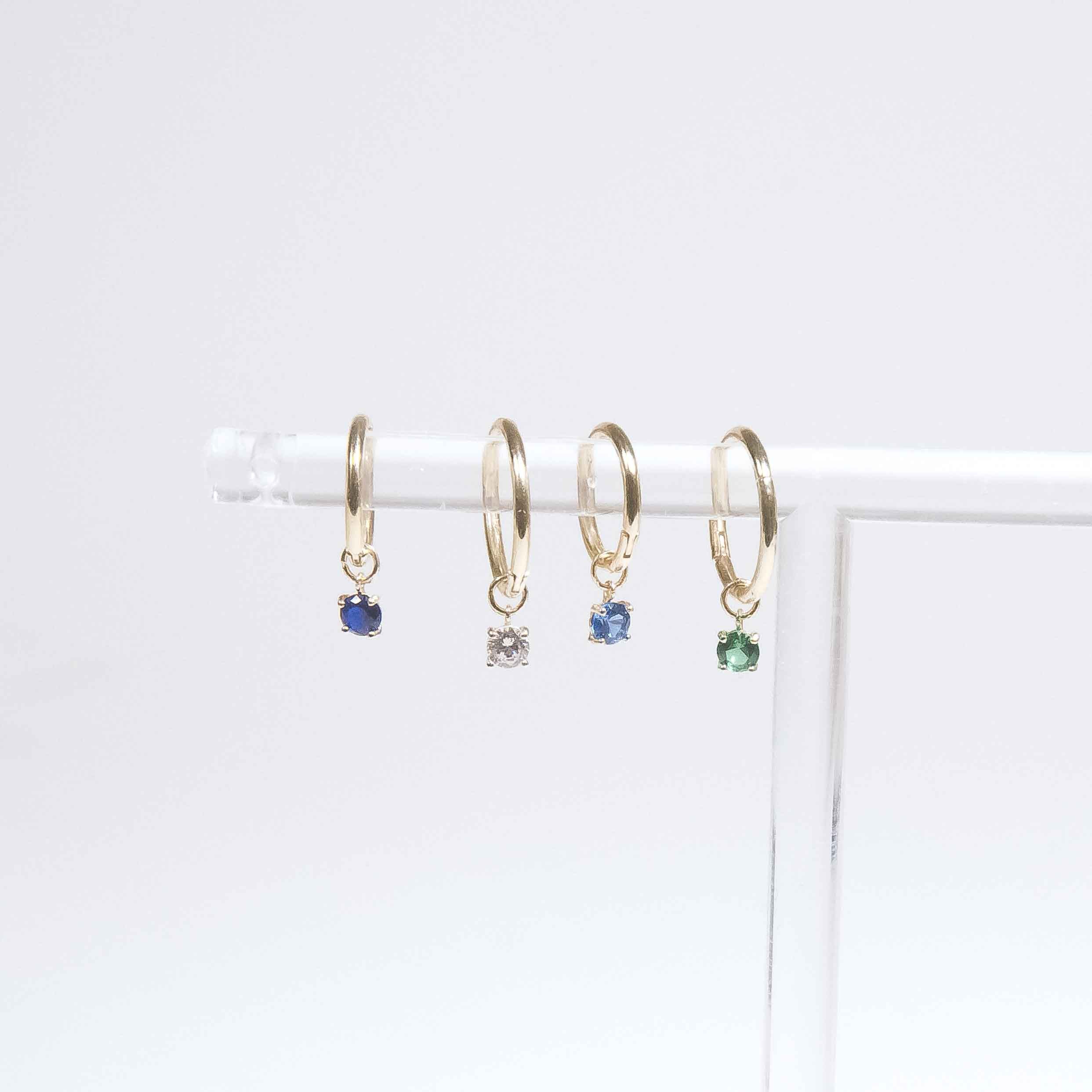 Hoop with Prong Set Emerald Charm in Solid 14k Yellow Gold
