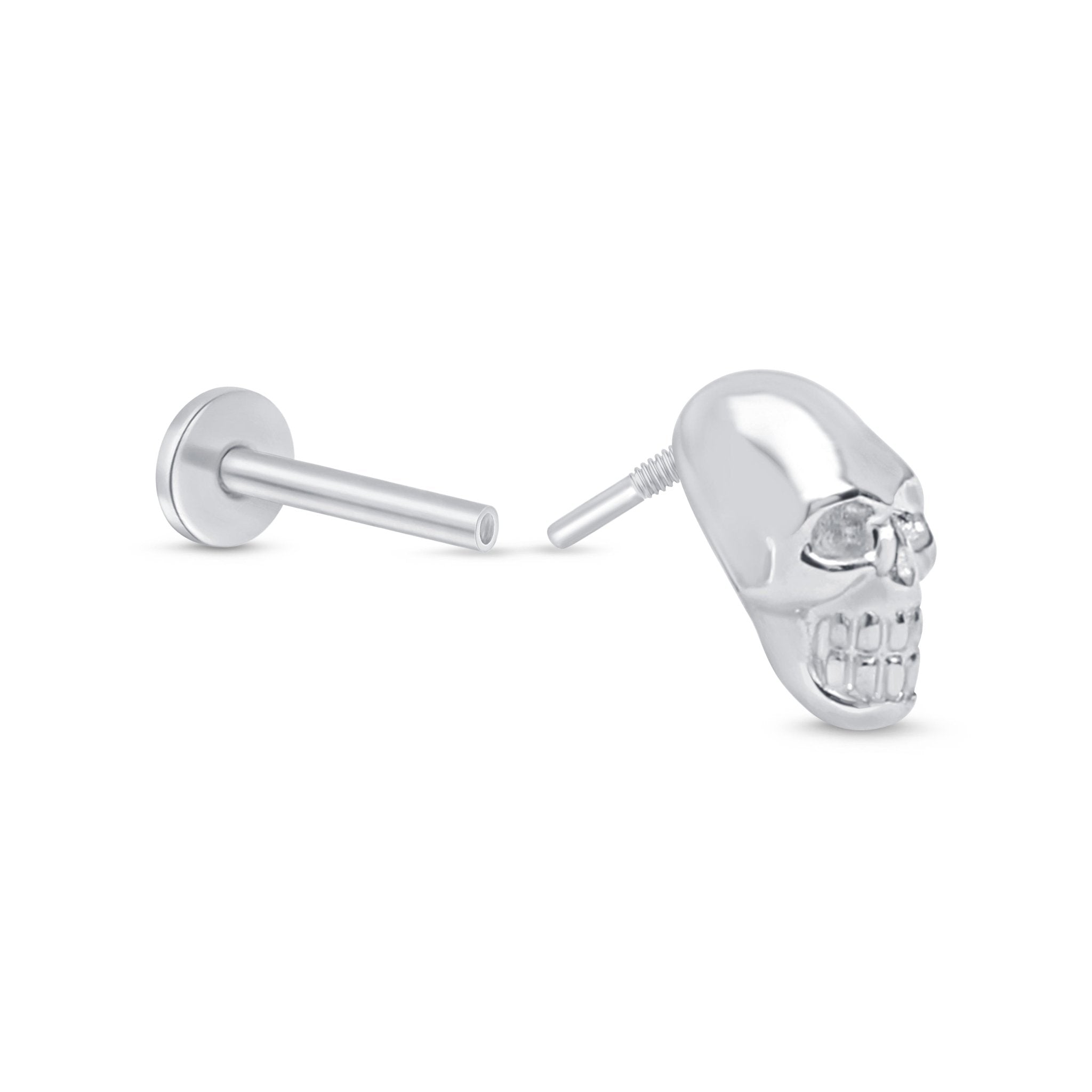 Minimalist Skull Flat Back Stud in Solid 14k White Gold